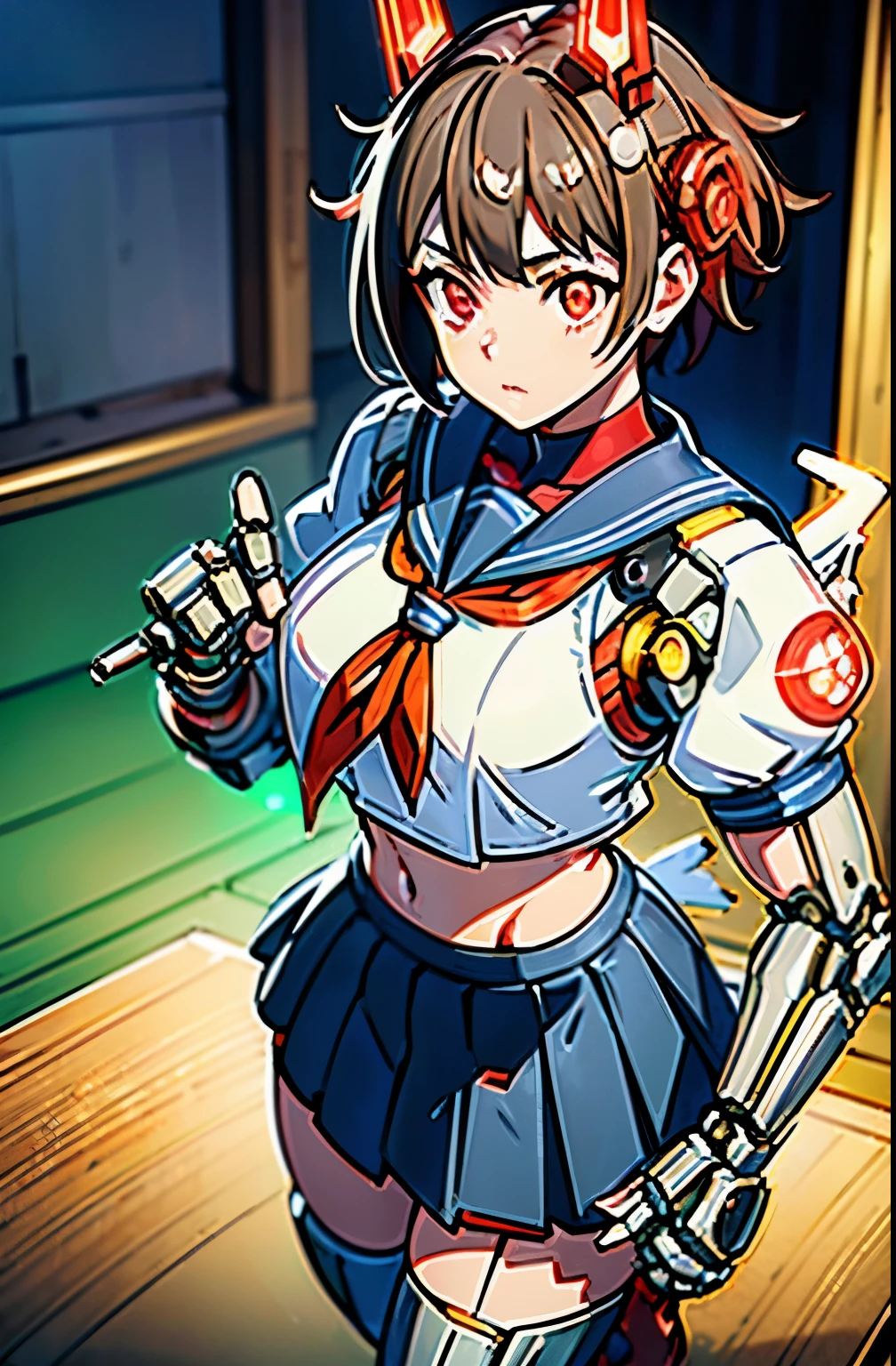 1girl solo,Standing depiction、(Large symmetrical mechanical wing:1.6)、((kasugano sakura:1.3))、(symmetrical mechanical headgear:1.6)、Beauty Cyborg, Cyborg - beautiful woman with brown short bob hair perfect anime cyborg woman, cute cyborg beauty, beautiful cyborg beauty, cyborg girl, (Perfect android beauty), (The perfect cyborg woman), (Cyborg - Girl), (beautiful female cyborg)、 beautiful white girl cyborg, beautiful female android, Beautiful and attractive female cyborg、walk、full body description、(Mechanical sailor suit:1.5)、(mechanical ruffle skirt:1.5)、((Combat readiness))、(glowing red mechanical eyes:1.9), brown hair, short hair, bangs, Ahoge,(head band), ((Gray uniform:1.4)), puffy sleeves, crop top, yellow neckerchief, ((gray skirt:1.4)), fingerless gloves, thighs thighs, white socks, red footwear,Expressionless、(table top, highest qualityの, highest quality, beautiful and aesthetic: 1.2), very detailed, more detailed,Proper body proportions,table top,Ultra high quality output image,High resolution,intricate details,very delicate and beautiful hair,realistic pictures,dream-like,professional lighting,realistic shadow,focus only,anime one、discovery stance, punching, discovery,raise one leg、Anime one、(combat stance:1.3)