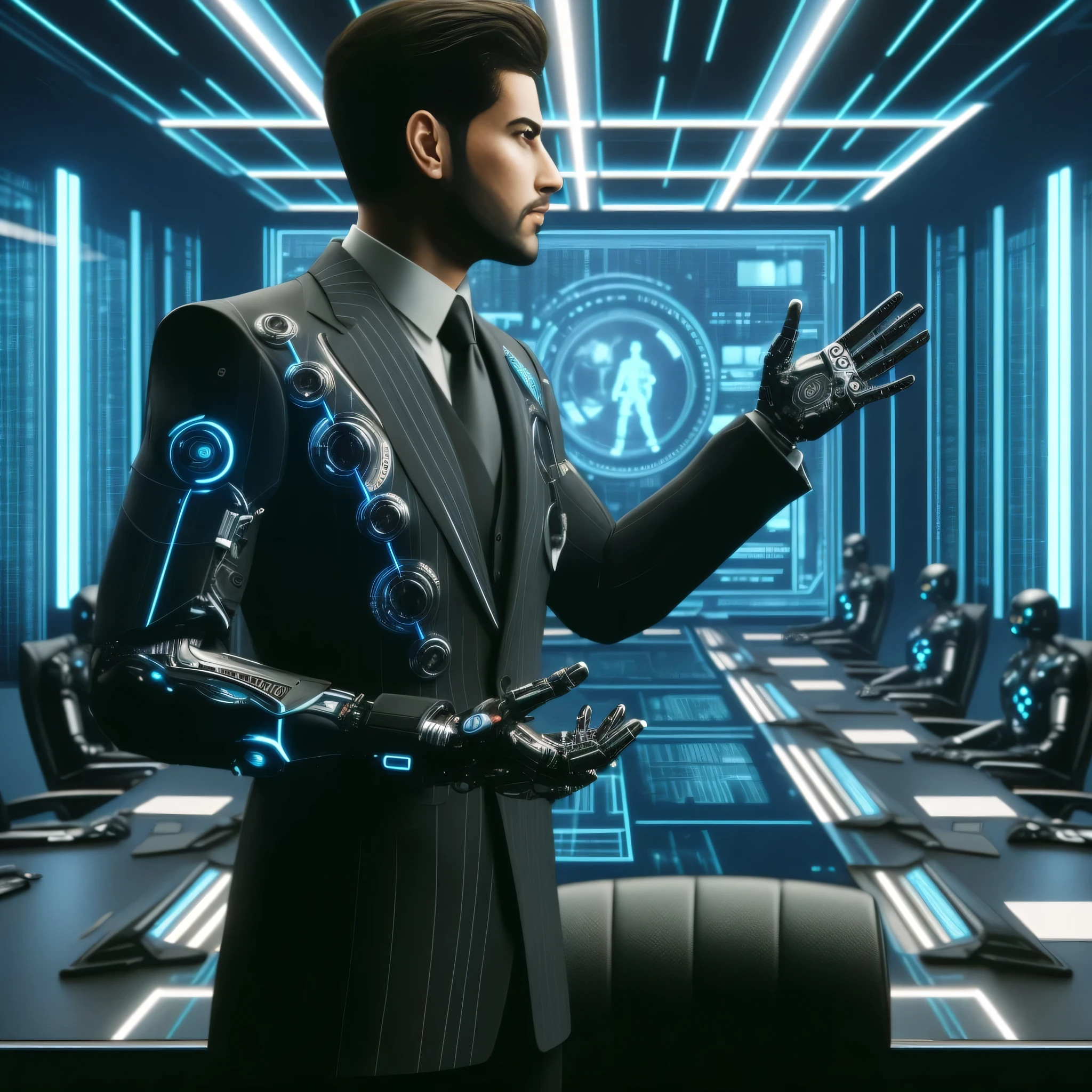 arafed man in a suit and tie standing in a conference room, cyber suit, cybersuits, cyberpunk suit, diverse cybersuits, holographic suit, black scales and cyborg tech, cybernetic culture research unit, cyberpunk transhumanist, futuristic spy, science fiction suit, deus ex machine, cybernetic and highly detailed