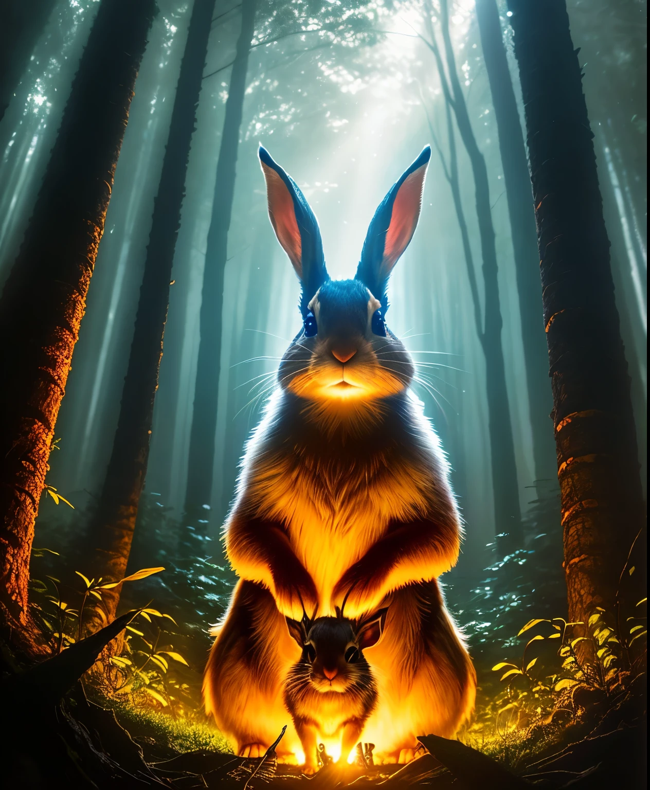Close-up photo of rabbit in magical forest, late night, in the forest, Backlight, fire Fly, volumetric fog, Hello, bloom, dramatic atmosphere, center, Rule of thirds, 200mm 1.4f macro photography