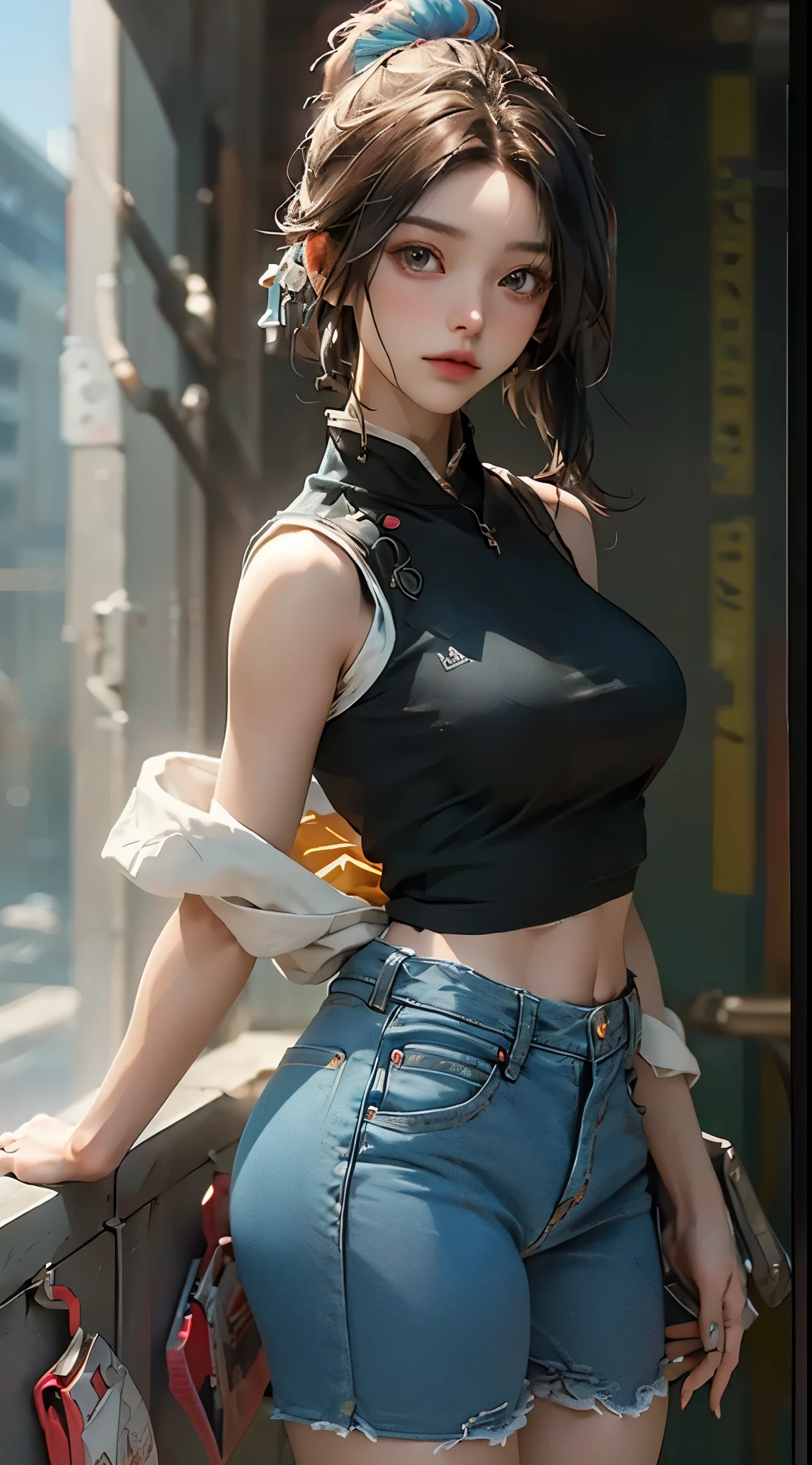 Masterpiece, Best Quality, (Dark Photo: 1.3), Realistic, 1girl, Flat Bunches, Stunning Innocent Symmetrical Face, Crop Top Clear Blue Shirt, Emotional, Ulzzang, (PureErosFace_V1:0.7),
Sophia, open waist, blue hair, double tails, yellow eyes, white skirt, long sleeves, smile, ((big breasts: 1.8),) bust photo, looking up shot, cameto, white panties, jewelry, hands on chest, see-through, looking at the audience, hair accessory, necklace, shyness, (masterpiece, top quality, best quality, official art, beauty and aesthetics:1.2), (1 girl), extreme detail, colorful, highest detail, city, street, inclined, wall, sun, clouds,