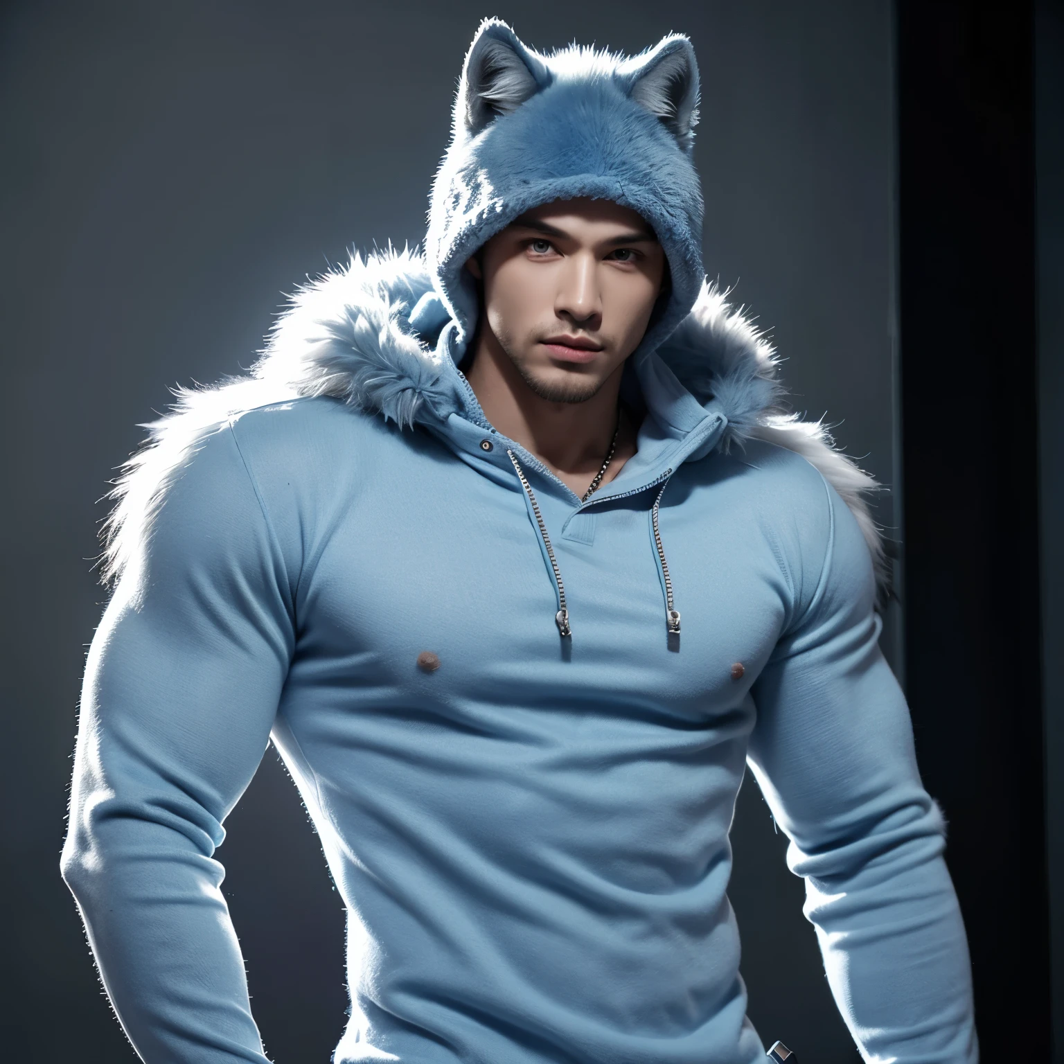 Wolf，young，Handsome，muscular，Casual Clothing，cool-pose，Light blue fur