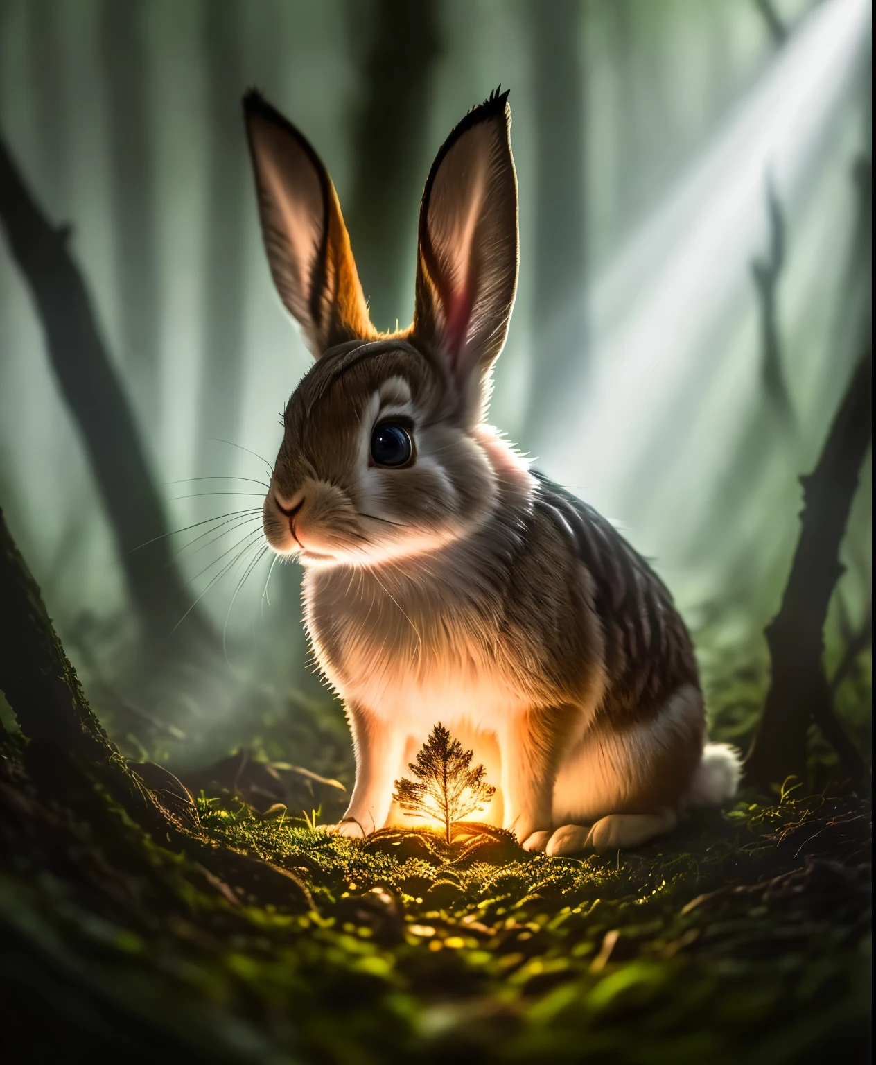 Close-up photo of rabbit in magical forest, late night, in the forest, Backlight, fire Fly, volumetric fog, Hello, bloom, dramatic atmosphere, center, Rule of thirds, 200mm 1.4f macro photography