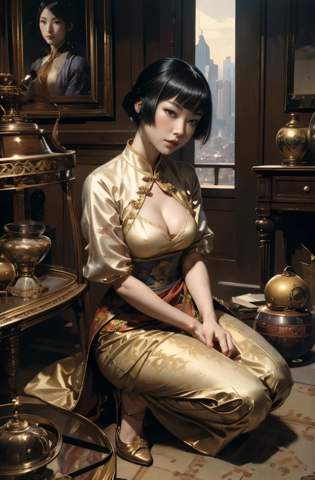 A painting of a beautiful young woman standing quietly, 美しいHongkongの夜景, flower of society, She is wearing an elegant purple cheongsam, Inspired by Chen Yifei, Inspired by Francesco Hayez, Inspired by Hendrik Terbruggen, Jean=Works that influenced Auguste Dominique Ingres, Inspired by Liu Jun, Jean=Works that influenced Auguste Dominique Ingres, highest quality, perfect angle, perfect composition, best shot, official art, cinematic light, figurative art, Beautiful and expressive paintings, Beautiful artwork illustration, wonderful, cool beauty, clear, Mysterious, highest quality, official art, perfect composition,perfect angle, best shot, women only, sharp outline, In the middle of a conspiracy, Anna May Wong, The face behind the scenes, dark government official, dark mission, first class agent, government agent, Top big-name spy, A talented female spy, beautiful female spy, quite beautiful face, Spy, Spy X21, carry a concealed gun and knife, Eyes without pupils, color eye, ideal anima, melancholy, nostalgia, romantic, 1930s, Hongkong, beautiful cityscape, sepia memories, unforgettable woman, Full body Esbian