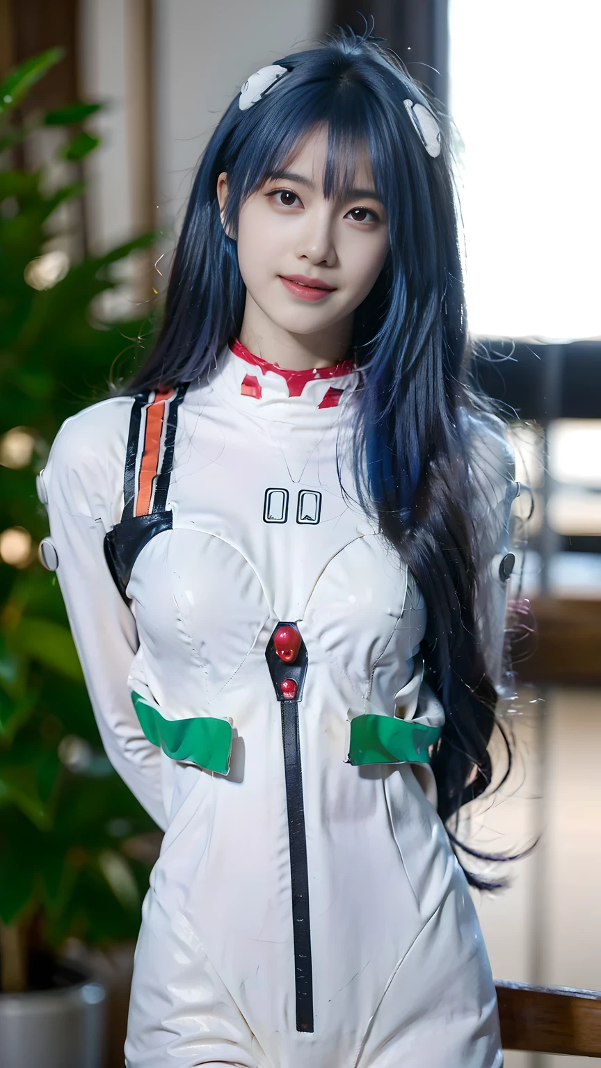 best quality, natural lighting, masterpiece, 1 girl, perfect beautiful face, (photo photo:1.3), edge lighting, photography lighting, (high detail skin:1.2), 8k ultra hd, DSLR, high quality, high resolution, white skin, detailed textured skin, 3/4 body in frame, sexy posing, cute smile face, close-lip, perfect propotion face, symetric face, eye level shot, 4k, 8k, bokeh, absurd, best ratio four fingers and one thumb, (realistic:1.3), beautiful detailed girl, cute 1girl, long hair, bangs, volume hairs, collosal-breast, full looking breast, projecting breast, slim waist, slender, small thighs, perfectly proportion, scenery background, detailed background, trees, clouds, ayanami_cosplay_costume, plugsuit, blue hair, ayanami rei, pilot suit, cosplay, long hair, interface headset, hairpods, gloves, bracer, skin tight, hands behind back, seductive pose