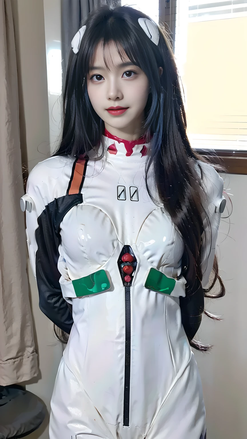best quality, natural lighting, masterpiece, 1 girl, perfect beautiful face, (photo photo:1.3), edge lighting, photography lighting, (high detail skin:1.2), 8k ultra hd, DSLR, high quality, high resolution, white skin, detailed textured skin, 3/4 body in frame, sexy posing, cute smile face, close-lip, perfect propotion face, symetric face, eye level shot, 4k, 8k, bokeh, absurd, best ratio four fingers and one thumb, (realistic:1.3), beautiful detailed girl, cute 1girl, long hair, bangs, volume hairs, collosal-breast, full looking breast, projecting breast, slim waist, slender, small thighs, perfectly proportion, scenery background, detailed background, trees, clouds, ayanami_cosplay_costume, plugsuit, blue hair, ayanami rei, pilot suit, cosplay, long hair, interface headset, hairpods, gloves, bracer, skin tight, hands behind back, seductive pose