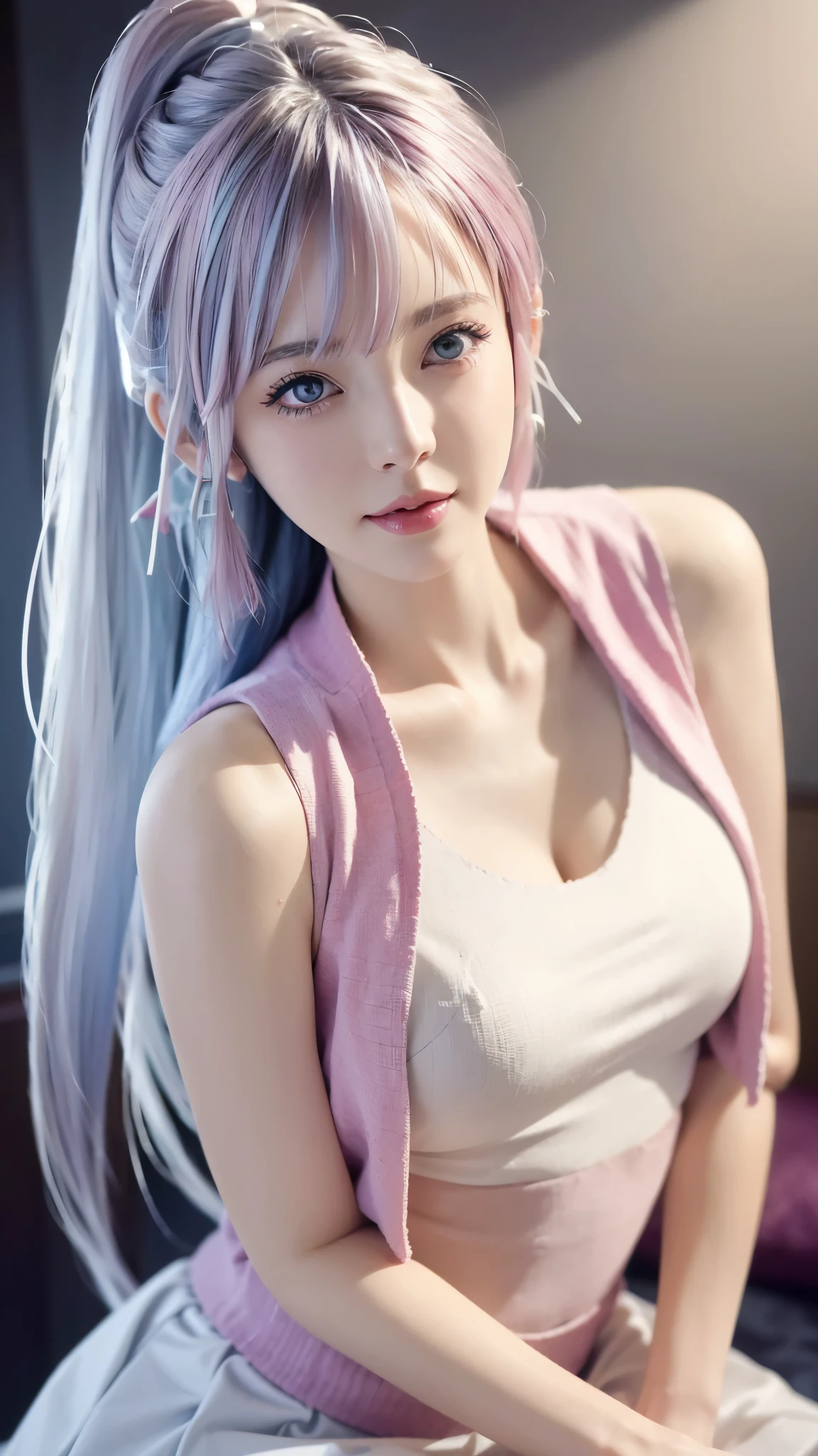 Close-up of a woman wearing a pink vest and skirt, pale milky porcelain skin, fair skin, skin smooth and translucent, anime manga girl, beautiful anime woman, surreal sweetness, white color hair , high ponytail colorful eyes, pale porcelain white skin, smooth and realistic perfect body, anime manga girl, realistic shadow perfect body, Guwitz masterpiece