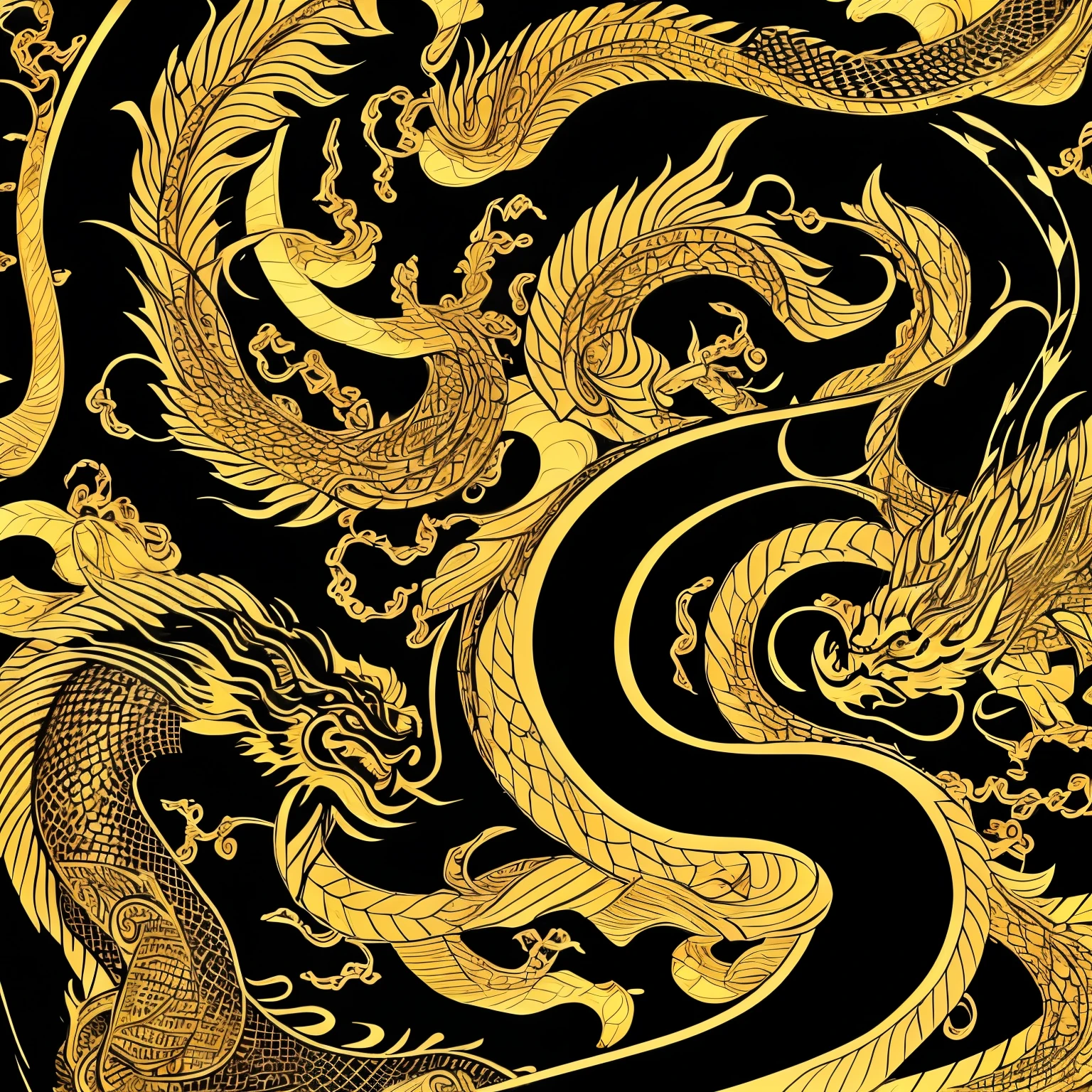 the background is black、Black Japanese style sophisticated luxury spiritual black dragon with golden eyes