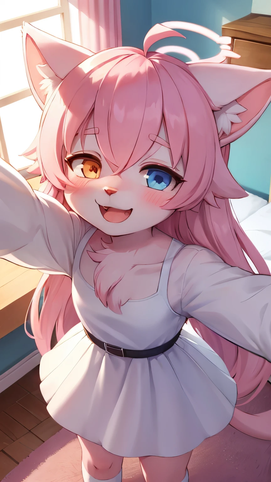 furry cat girl,pink fur,cheek fur,neck fur,white dress,stand,a lot of heart eyes,smile,open mouth,blush,my room,selfie,high angle