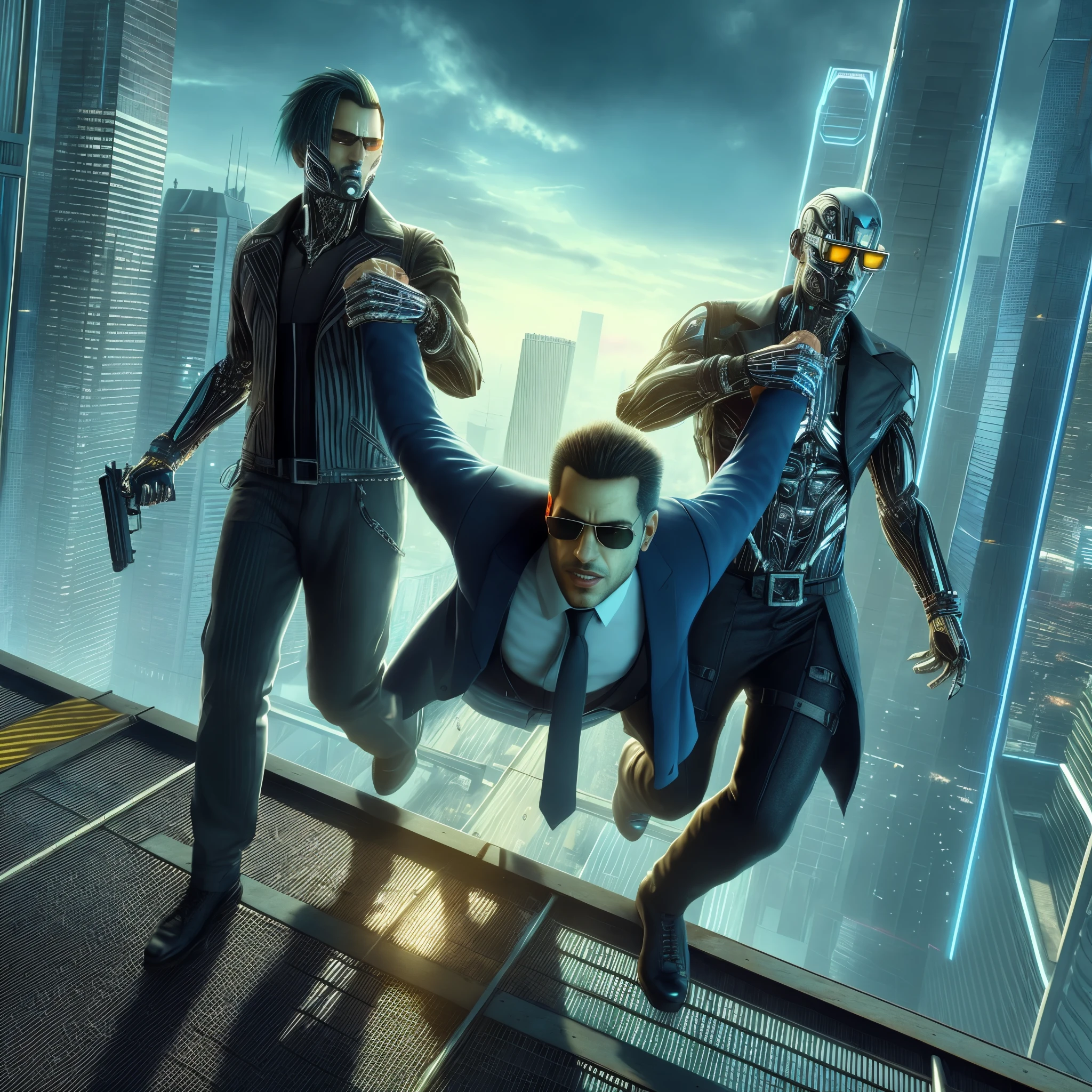 arafed image of a group of men in suits and sunglasses running on a ledge, modern cyberpunk, cyberpunk”, cyberpunk ”, cyberpunk based, has cyberpunk style, cyberpunk futuristic, deus ex, (cyberpunk 2077), cyberpunk transhumanist, modern cyberpunk anime, futuristic cyberpunk, in cyberpunk 2 0 7 7 cp 2 0 7 7