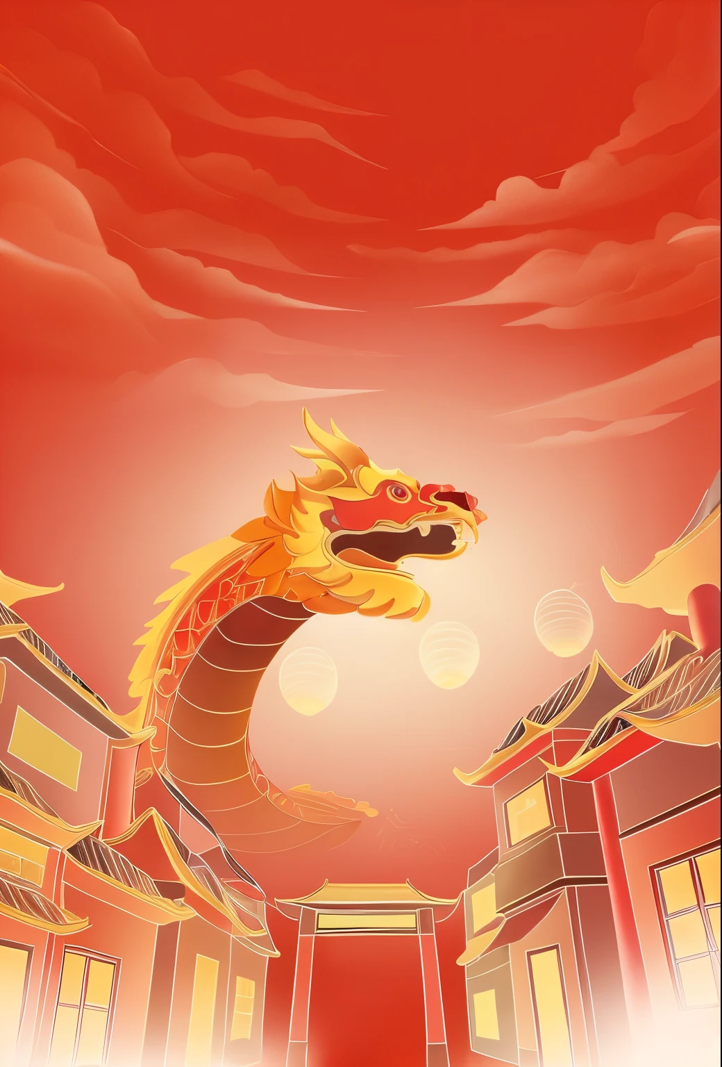 There is a dragon flying over buildings in the sky background,, Chinese dragon, Dragon flying in the background, dragon flying in the sky, smooth Chinese dragon, National Chao Dragon，The face is delicate，Dragon horns are huge，3D stereoscopic rendering style，((no humans)) perfect tacit: Chinese dragon, Energetic reds and golds, complex, intense expression, serpentine, meandering motion, Chinese folklore, majestic and powerful, Traditional ink painting style, Fascinating and awe-inspiring, (best quality, super detailed, lifelike:1.37), Energetic, Traditional colors, s is the central focus, Highlighted details, strong contrast, Traditional Chinese art techniques.background red， best quality, masterpiece, ultra high resolution, (lifelike的: 1.4), original photo, Ukiyo-e风格，Ukiyo-e
