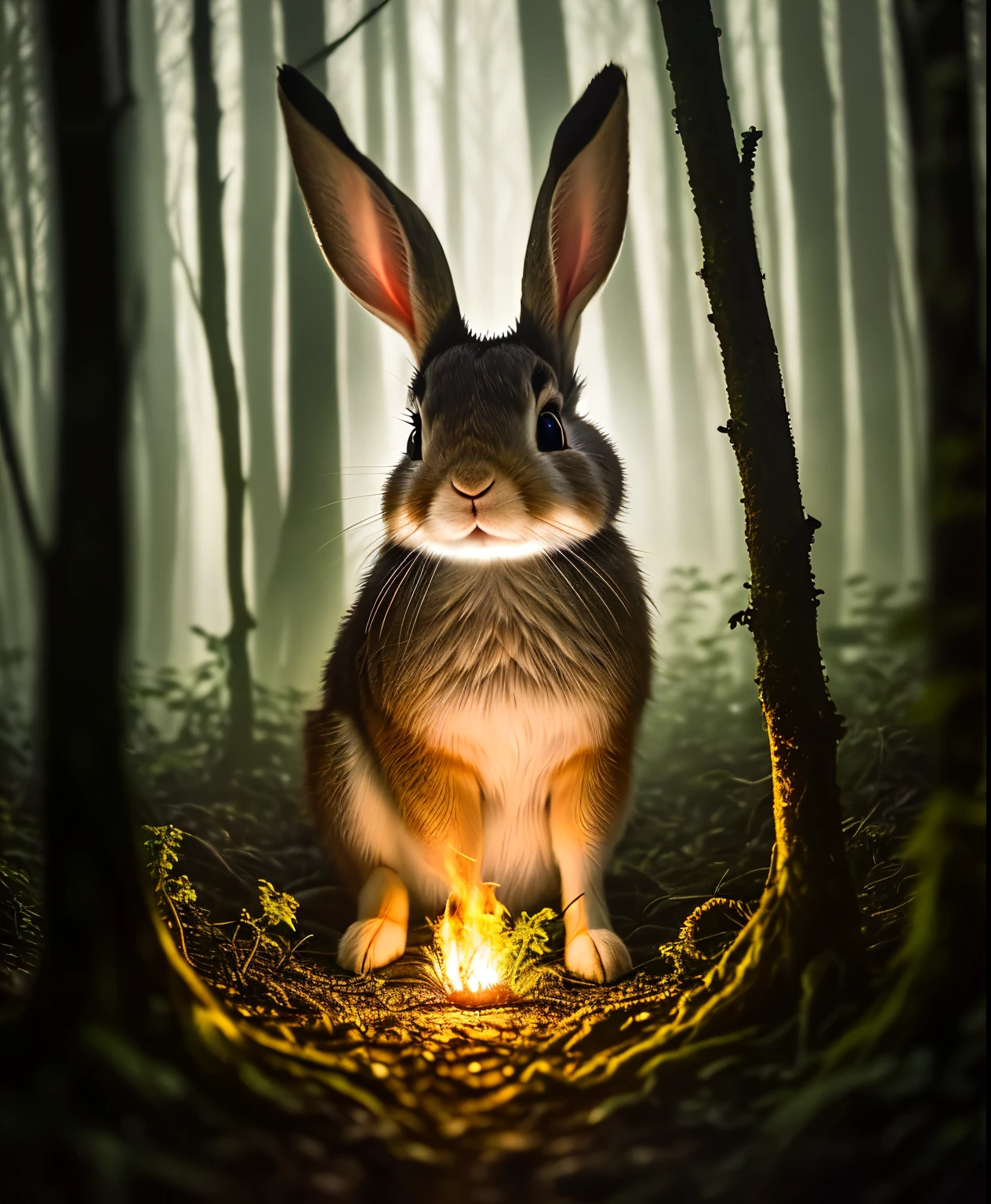 Close-up photo of rabbit in magical forest, late night, in the forest, Backlight, fire Fly, volumetric fog, Hello, bloom, dramatic atmosphere, center, Rule of thirds, 200mm 1.4f macro photography