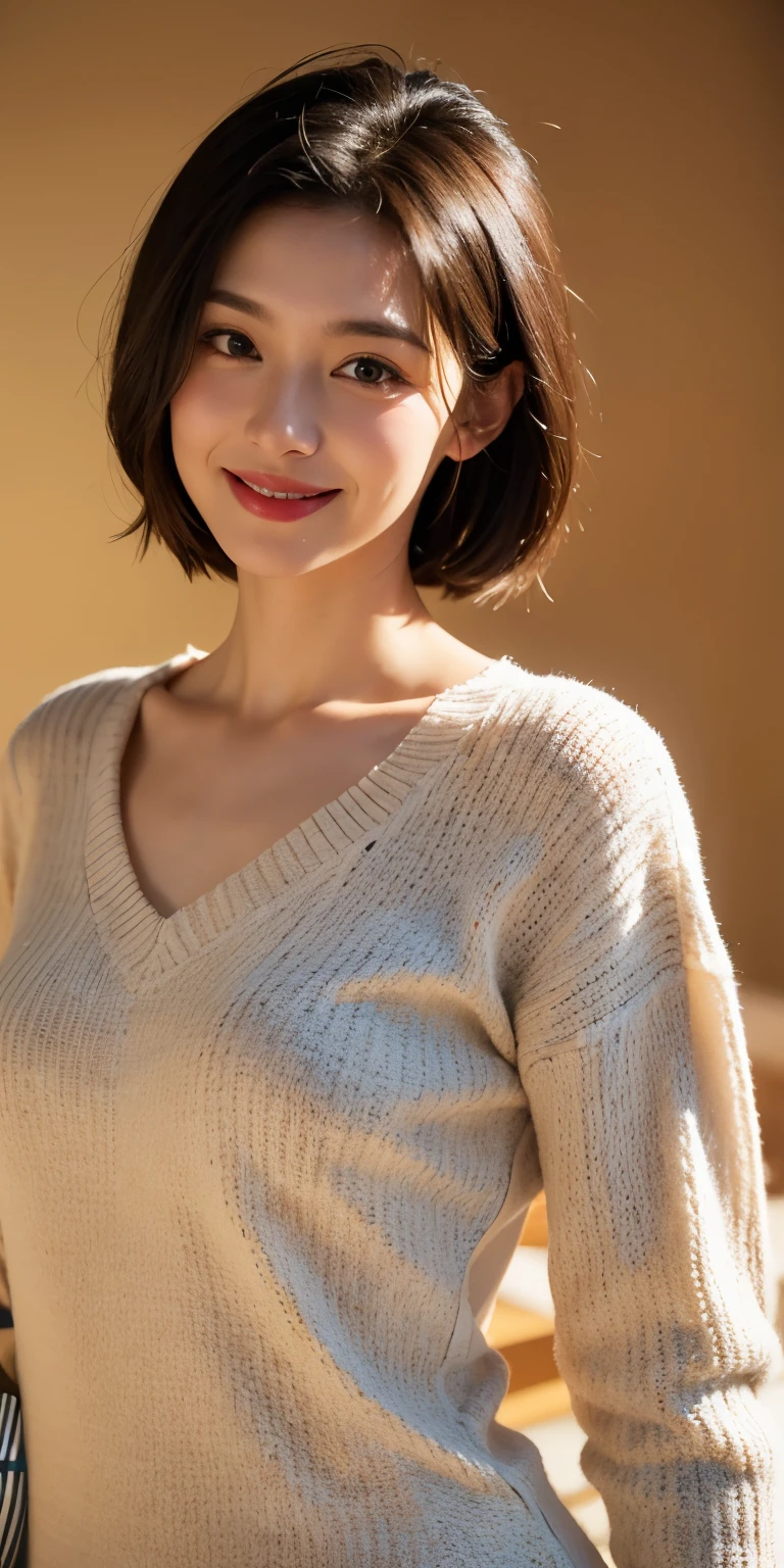 masterpiece, highest quality, Highly detailed CG Unity 8K wallpaper, ultra high resolution, (realistic:1.4), golden hour lighting, sweater dress, (Upper body), (attractive:1), (short hair: 0.8), positive, smile, smile, middle chest,well-shaped small breasts,short hair,Woman in her 40s