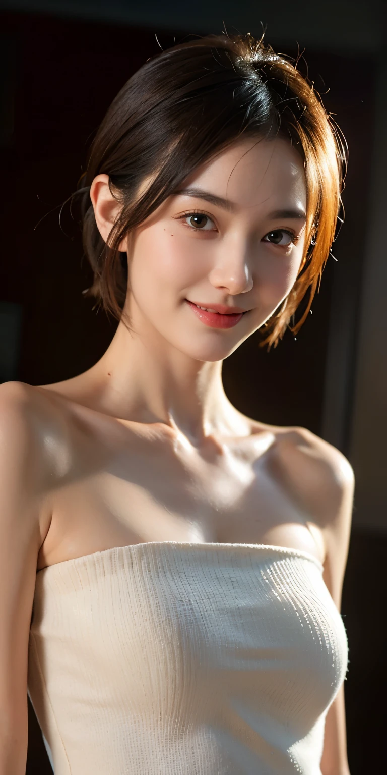 masterpiece, highest quality, Highly detailed CG Unity 8K wallpaper, ultra high resolution, (realistic:1.4), golden hour lighting, sweater dress, (Upper body), (attractive:1), (short hair: 0.8), positive, smile, smile, middle chest,well-shaped small breasts,short hair,Woman in her 40s
