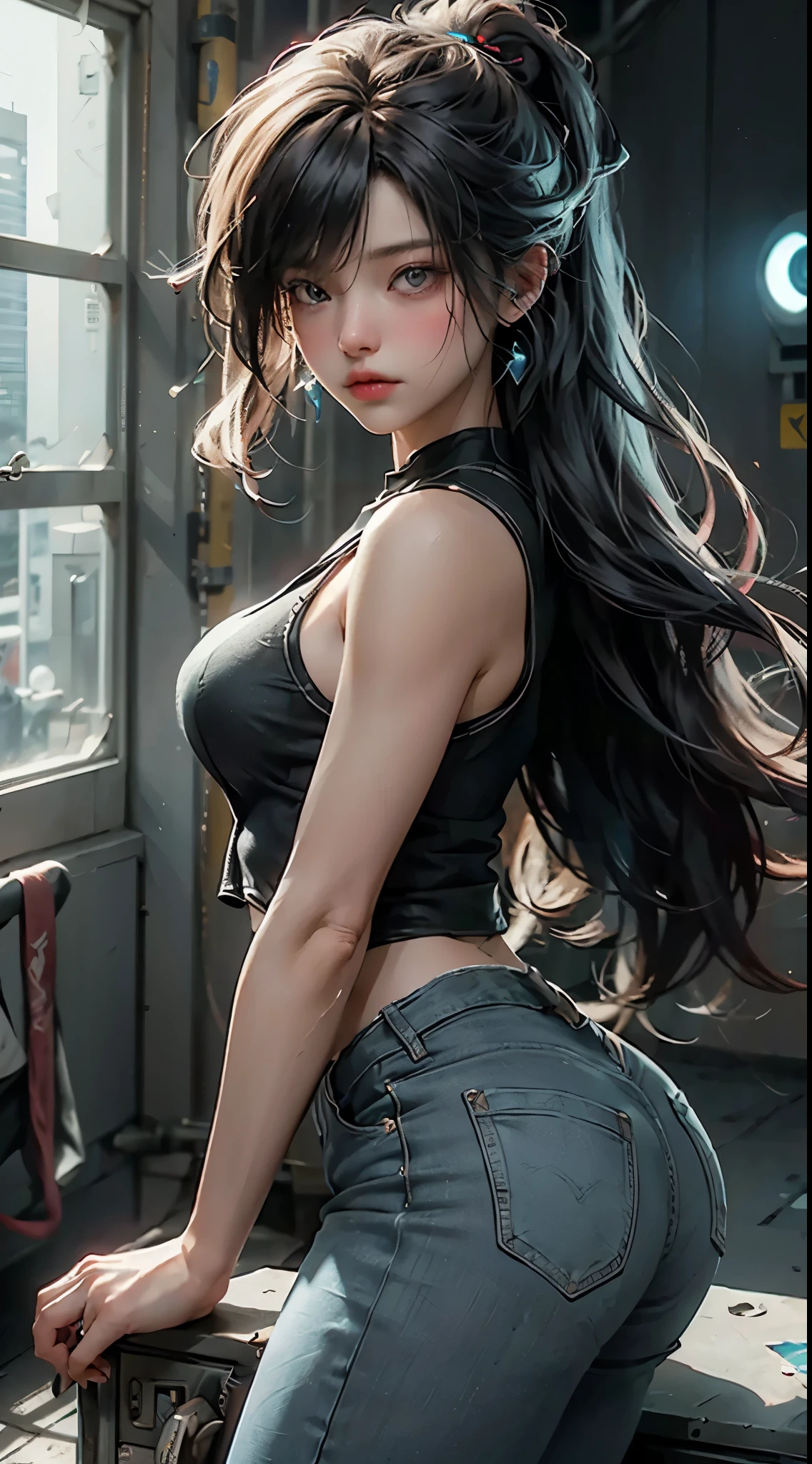 ((best quailty)), ((tmasterpiece)), (the detail:1.4), 3D, A beautiful cyberpunk female image,hdr（HighDynamicRange）,Ray traching,NVIDIA RTX,Hyper-Resolution,Unreal 5,Subsurface scattering、PBR Texture、post-processed、Anisotropy Filtering、depth of fields、maximum definition and sharpness、Many-Layer Textures、Albedo e mapas Speculares、Surface coloring、Accurate simulation of light-material interactions、perfectly proportioned、rendering by octane、Two-colored light、largeaperture、Low ISO、White balance、thirds rule、8K raw data、（Skinny denim shorts and skinny sports vest：1.3），（large tities：1.3）
