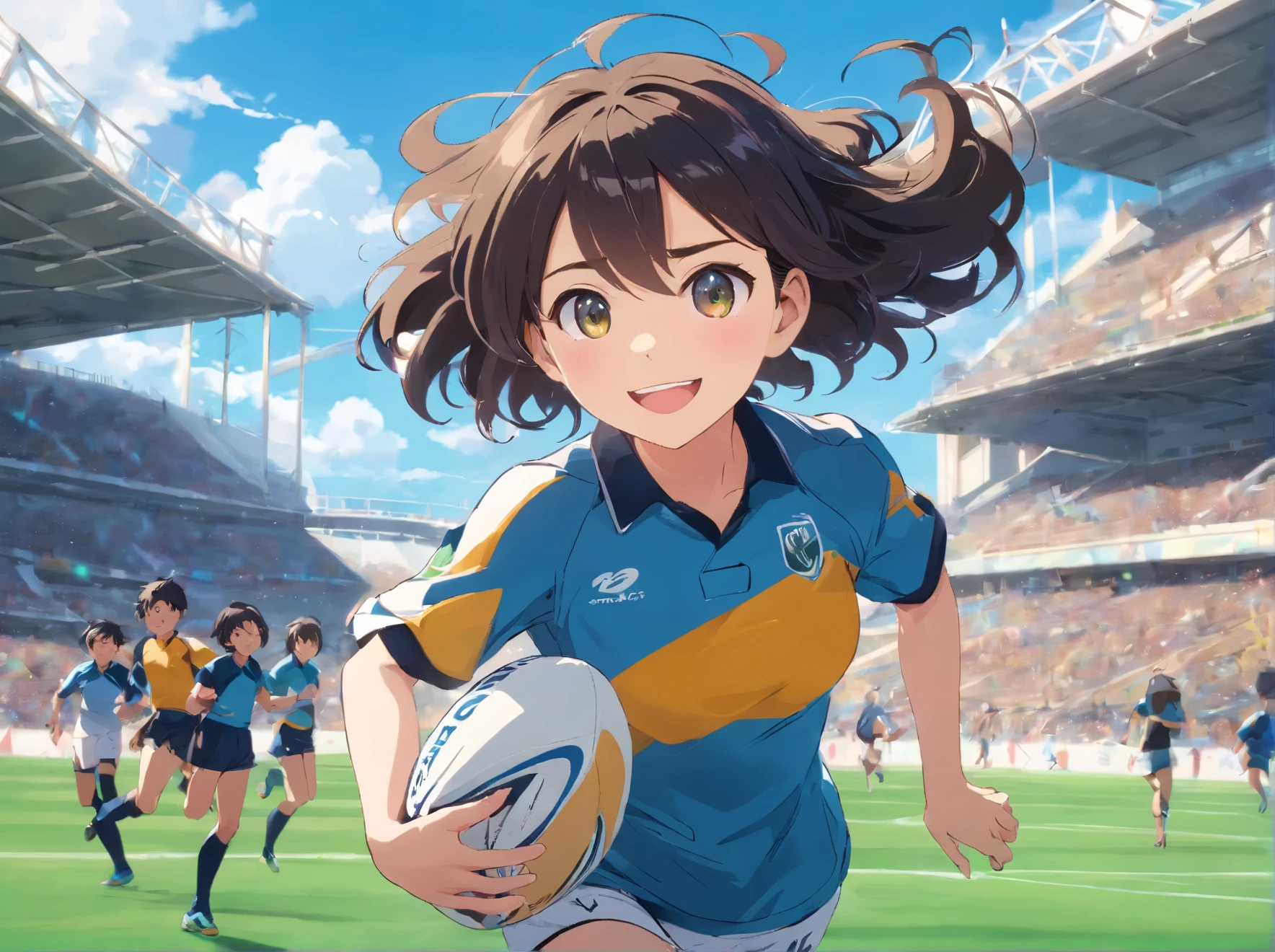 primary school５grade girl, Fun eyes, laughter, shine,,detailed face, black hair、(((Rugby)))、(((Rugbyボール)))、(((tag rugby)))、(((rugby)))、girl、(((RugbyRun with the ballgirl)))、high resolution、4k、blue sky、ground、Make people smaller、Run with the ball、smile、