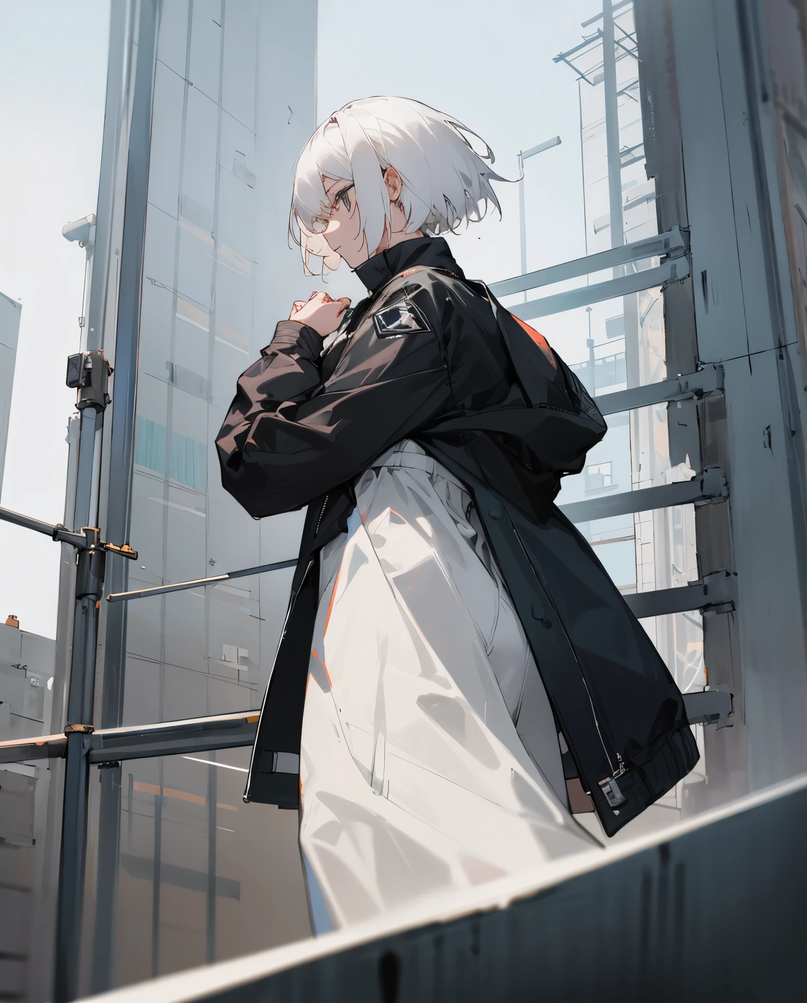 1 girl short hair over saiz jacket, white hair , standing at the building