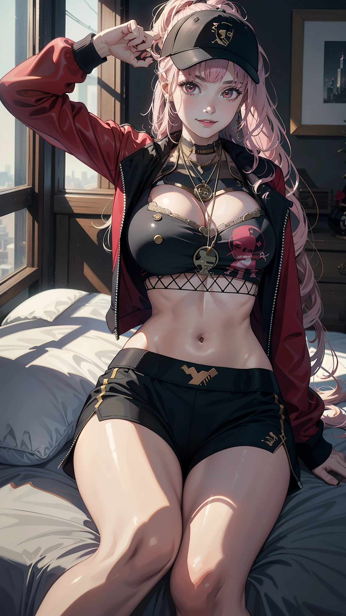 Masterpiece, high quality, 8k, ultra detail, 1 girl, (dynamic poses), ((callirapper)), sitting, bed, huge breast, smile,