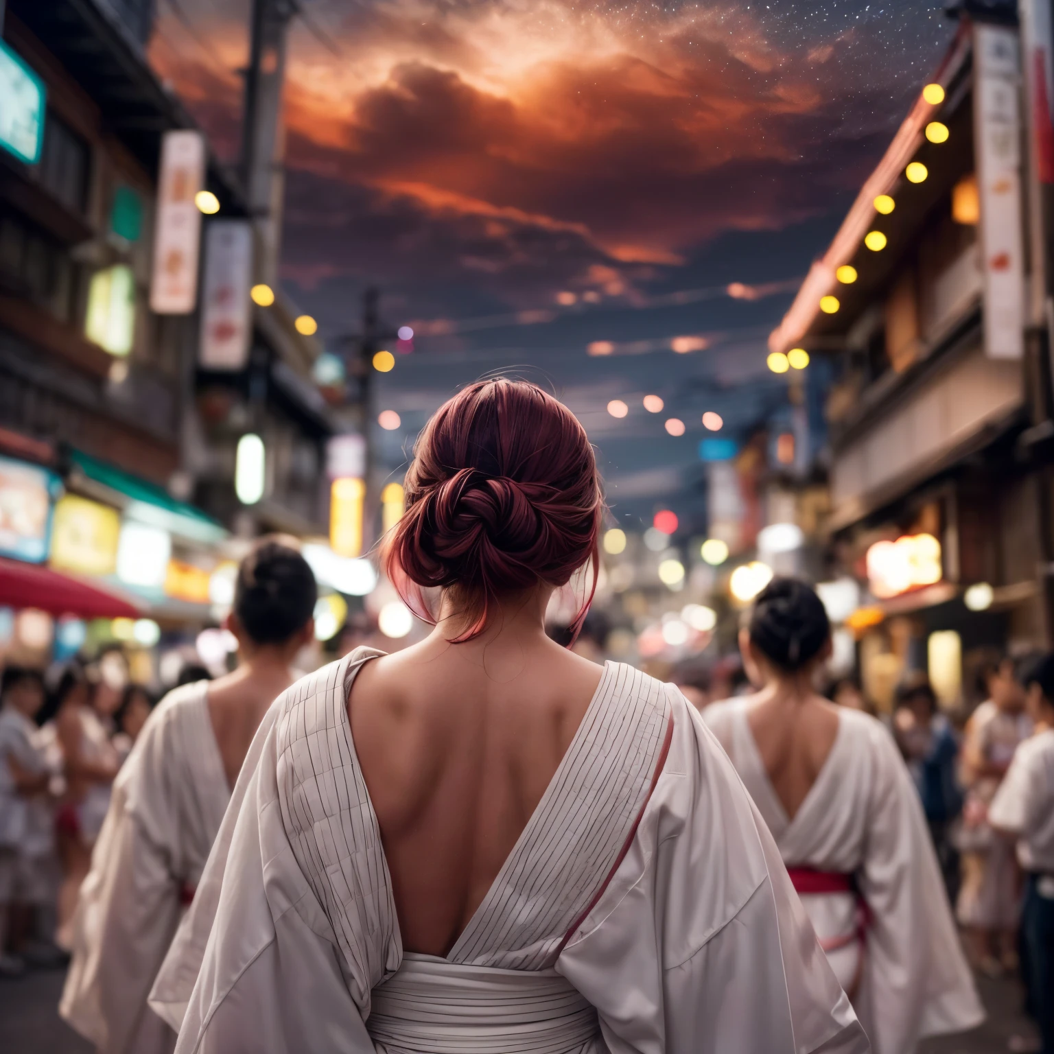 ((NSFW:-1.5)), (((nipple:-0.99))), ((bokeH, Acutance:0.85, ultra-detailed:1.35)), (((from below))) . The background is the downtown area at (Twilight:1.4), (((Red-dyed clouds above hed:1.3))), { The Sky takes up more than third of the composition | (many colorful Lights:1.2) | lens flare | Burning | Haze | (luminous Particles) | Mystic sight | menses | Underystemic } . (Masterpiece:1.2) of professional Analog photo with Hasselblad, (((realistic and photorealistic with touch of rawness:1.37))) . ((( A group photo of KAWAII girls in WHITE Fundoshi, at Hakata Gion Ymakasa Festival ))) . Assfocus with looking ahead .