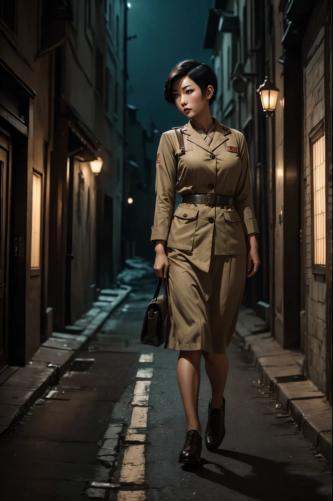 Asian woman ((beautiful face)) in WW2 nurse uniform, (short hair), (makeup), ((full body shot)) runs toward viewer, looks back, afraid, ((deserted WW2 European street)) ((spooky night)),  dramatic lighting, (depth of field), ((masterpiece)), ((best quality)), ((highly detailed))