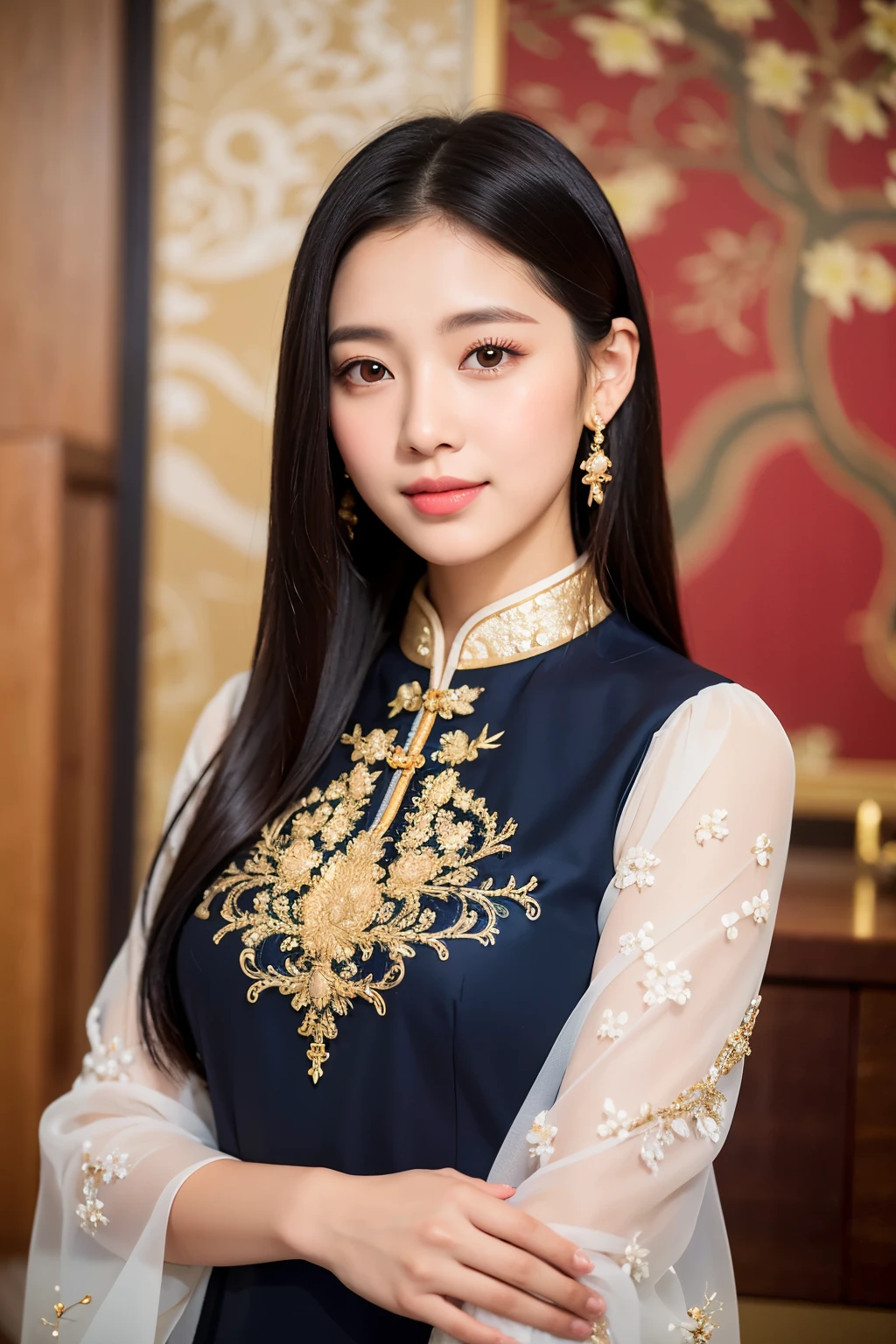 Create a captivating image with Midjourney's advanced image generation capabilities, embodying the principles of visual composition. Picture an Asian girl's portrait radiating charm with delicate facial features, such as enticing double eyelids, an elegantly positioned high nose, and a spellbinding smile. This image portrays the girl in a traditional studio setting, donning an exquisitely embellished Ao Dai boasting intricate East Asian patterns. harmoniously blending her black hair with the attire.
The woman's mesmerizing portrait graces the scene against a gracefully decorated studio backdrop. Midjourney's AI artistically designs the background, merging harmonious decor
