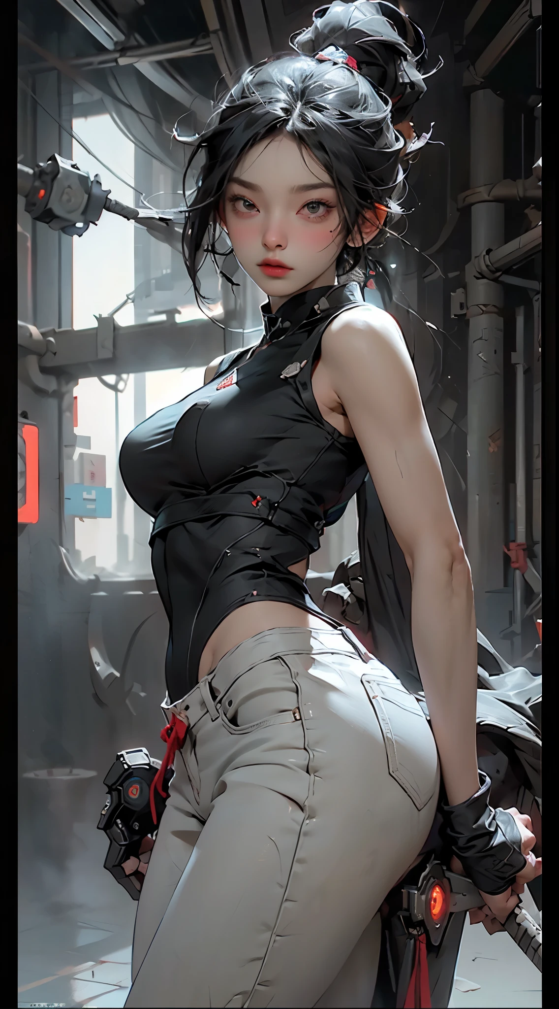 ((best quailty)), ((tmasterpiece)), (the detail:1.4), 3D, A beautiful cyberpunk female image,hdr(HighDynamicRange),Ray traching,NVIDIA RTX,Hyper-Resolution,Unreal 5,Subsurface scattering、PBR Texture、post-processed、Anisotropy Filtering、depth of fields、maximum definition and sharpness、Many-Layer Textures、Albedo e mapas Speculares、Surface coloring、Accurate simulation of light-material interactions、perfectly proportioned、rendering by octane、Two-colored light、largeaperture、Low ISO、White balance、thirds rule、8K raw data、(Skinny denim shorts and skinny sports vest:1.3),(large tities:1.3)