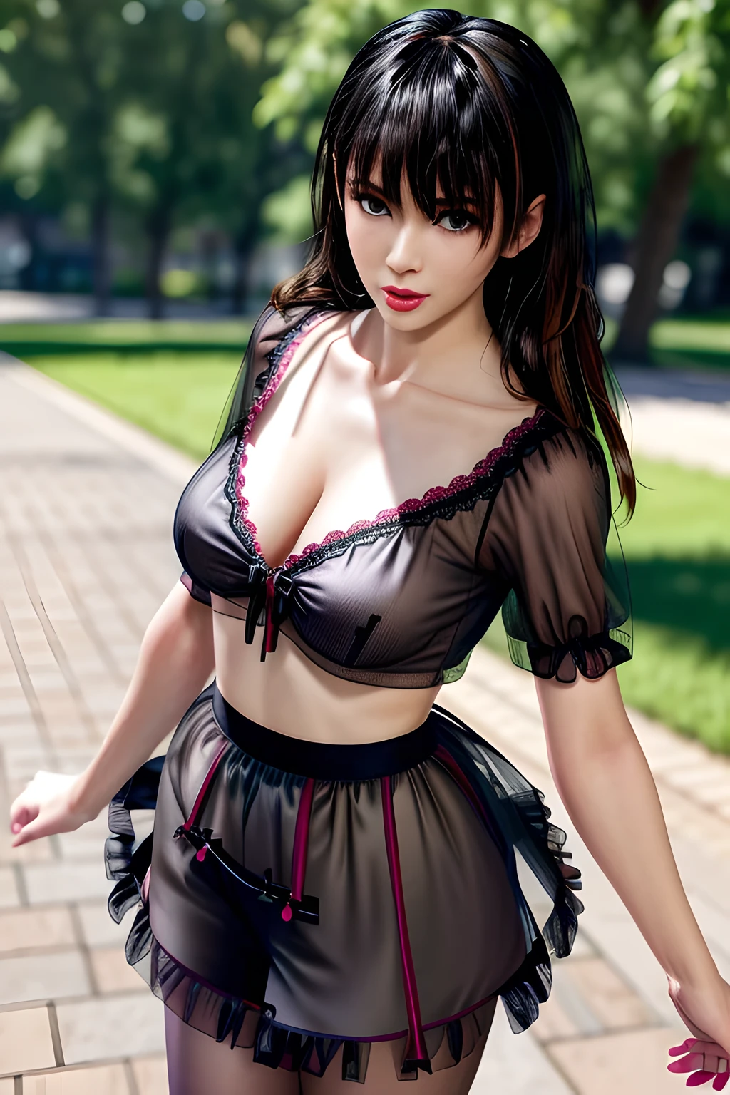 1 girl,seven waves,(mesh shirt: 1.3), (Tulle skirt: 1.4),outdoor, (permanent,sexy model pose:1.2),jewelry,grace,(((red lips))), Lips slightly open, clavicle,Lactation,(huge breasts),((8k, original photo, top quality, masterpiece), HD RAW color photos professional close-up photos, (actual, photorealism: 1.37), (best quality),8k,soft sunshine, Fabric luster,alone,