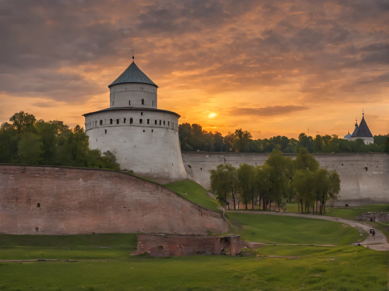 Ancient Russian city Veliky Novgorod in the era of the 1450s., Slavic culture, Ancient city at sunset, Veliky Novgorod at sunset., a high resolution, high detail