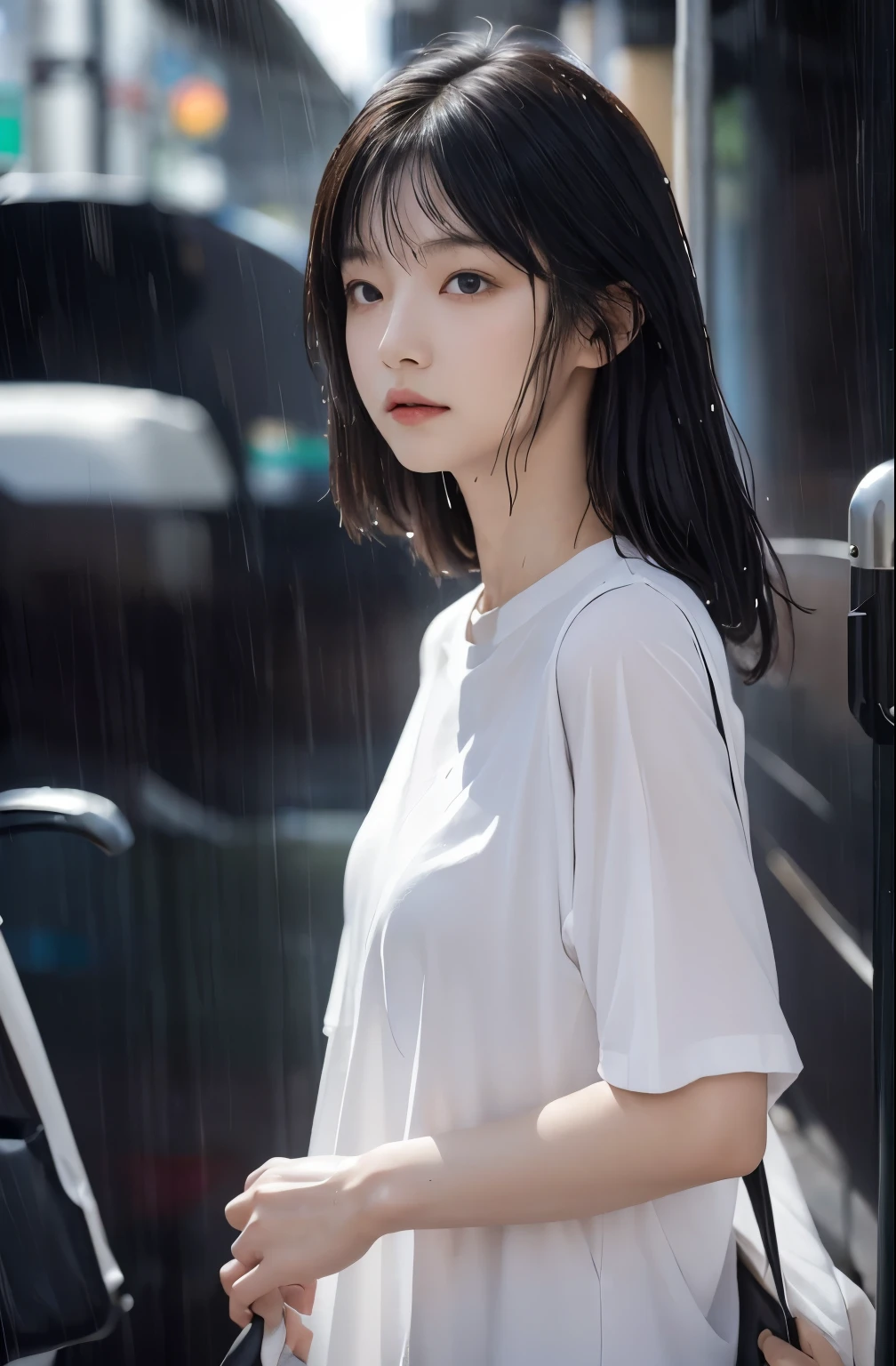 Young woman standing in heavy rain、On the skin of a young woman in a wet white t-shirt sticking to her rain-soaked skin、Rain sticks very much、skin is wet、Face wet in the rain、water dripping、rain-wet hair、water dripping、Rain-soaked arms、雨の中in濡れた手を持つ若い女性、Weather in the rain、photo taken:Araki Shigenobu, Cool black and white t-shirt design and serial experience Japan teenage girl and rain, Text Says: 「September 21」, typographic「September 21」in、Place glue on the sides and bottom of the square screen. , high detail, 8K, 東京ストリートinす, advanced details, FUJIFILM New RX、fine skin、