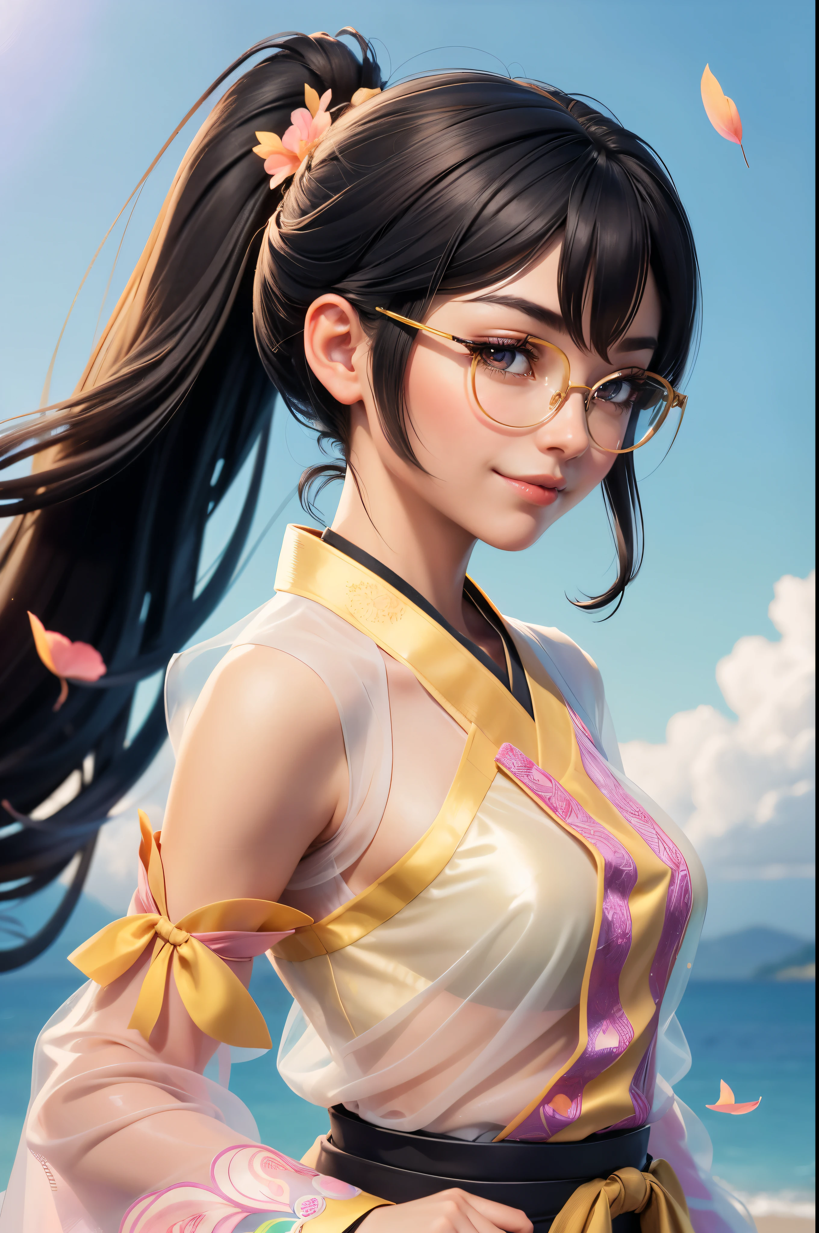 ((upper body image, from the side, looking at the audience)), lovely woman, black hair in a ponytail, smooth, hair accessories, wear glasses, smile brightly, small breasts, Thin waist, ((Wear Hanfu(see through) )Many layers of intricate details (pastel yellow))), Clothes flutter in the wind., seductive dance, The background is an island with only peach trees in bloom., Many peach blossom petals flutter., morning light, anime, High quality