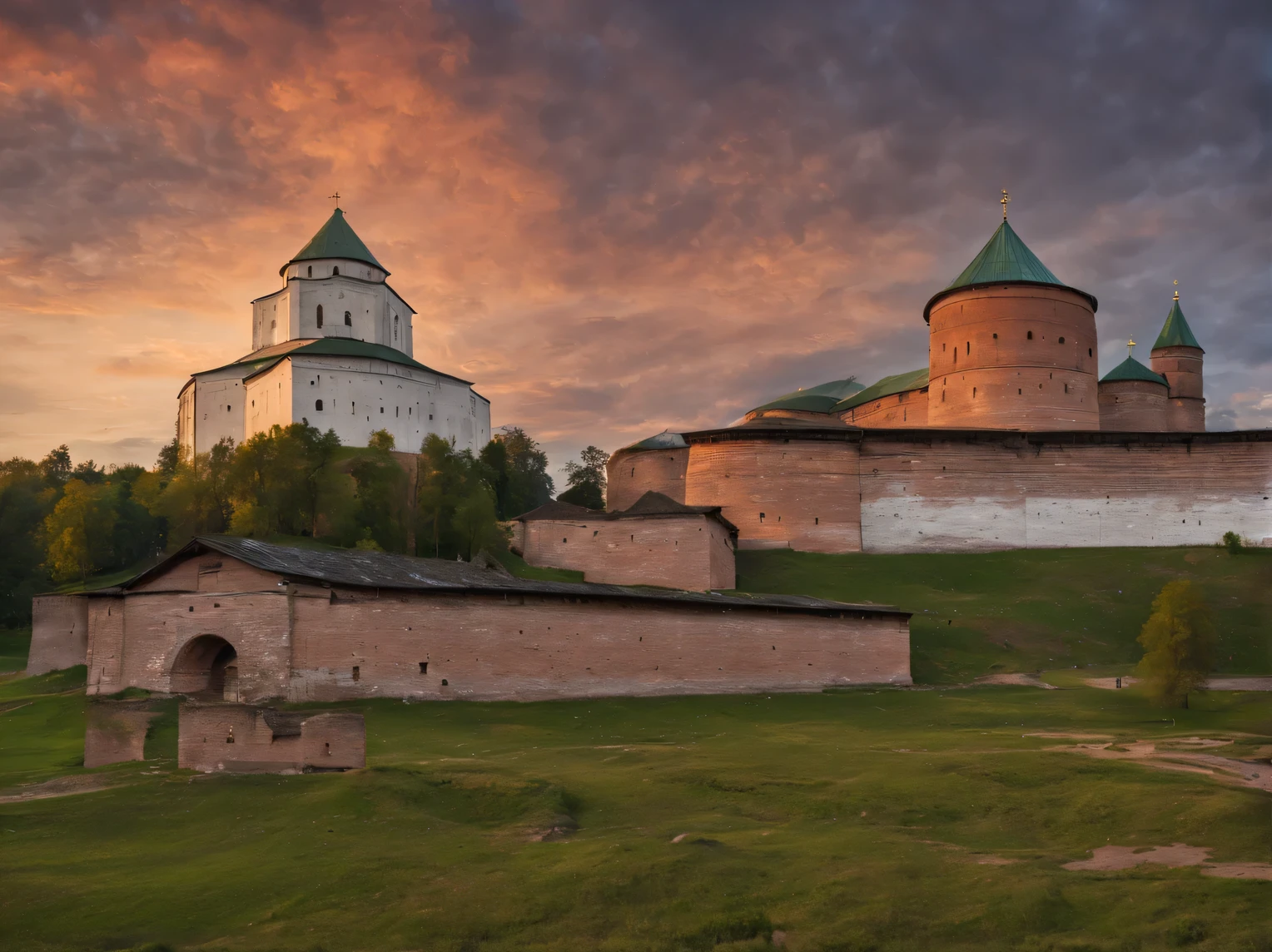 Ancient Russian city Veliky Novgorod in the era of the 1450s., Slavic culture, Ancient city at sunset, Veliky Novgorod at sunset., a high resolution, high detail