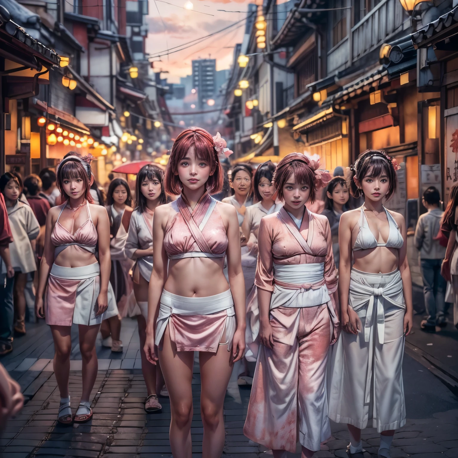 ((NSFW:-1.5)), (((nipple:-0.99))), ((bokeH, Acutance:0.85, ultra-detailed:1.35)), (((from below))) . The background is the downtown area at (Twilight:1.4), (((Red-dyed clouds above hed:1.3))), { The Sky takes up more than third of the composition | (many colorful Lights:1.2) | lens flare | Burning | Haze | (luminous Particles) | Mystic sight | menses | Underystemic } . (Masterpiece:1.2) of professional Analog photo with Hasselblad, (((realistic and photorealistic with touch of rawness:1.37))) . ((( A group photo of KAWAII girls in WHITE Fundoshi, at Hakata Gion Ymakasa Festival ))) . Assfocus with looking ahead .