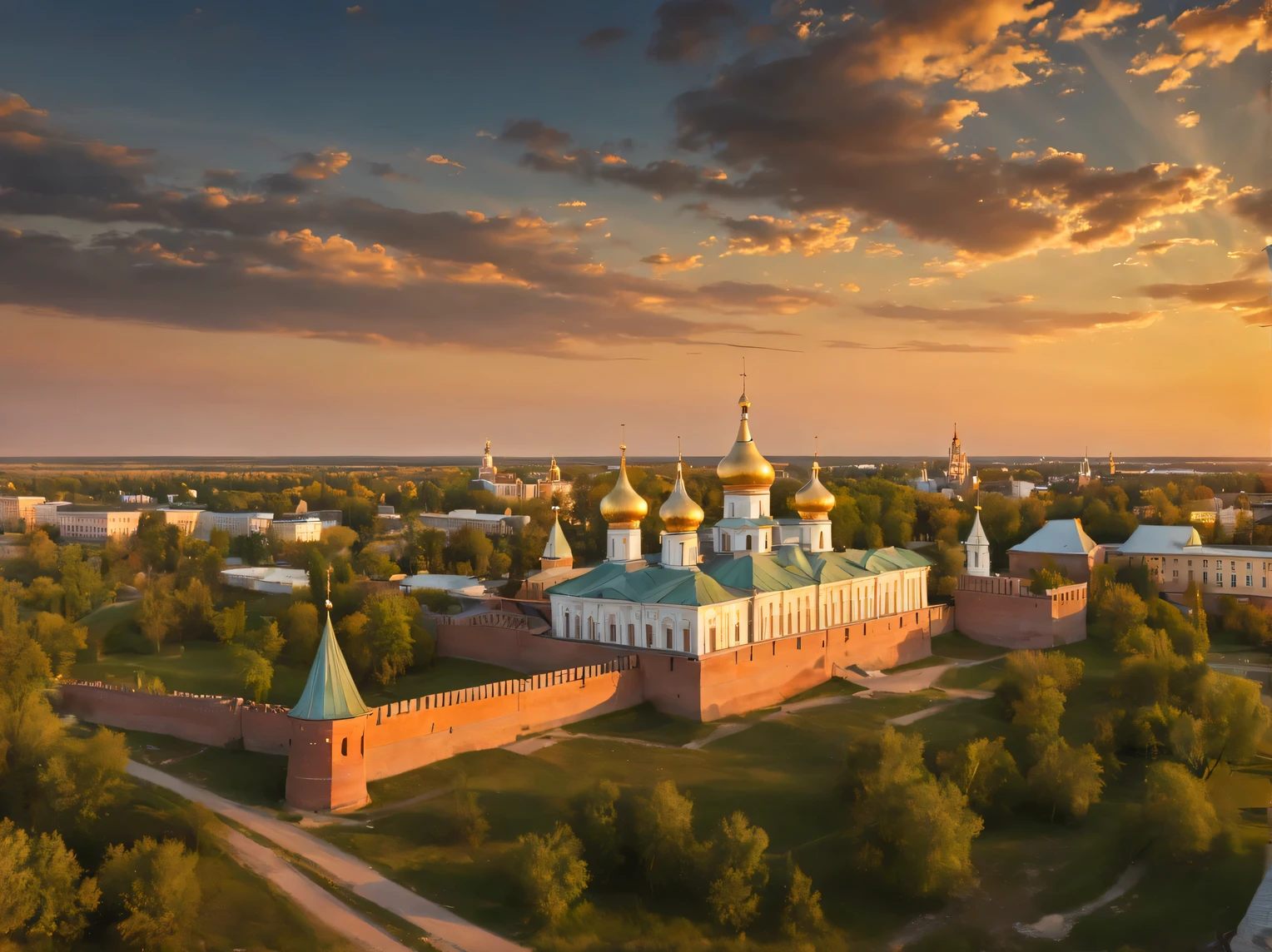 Ancient Russian city Veliky Novgorod in the era of the 1450s., Slavic culture, Ancient city at sunset, Veliky Novgorod at sunset., a high resolution, high detail