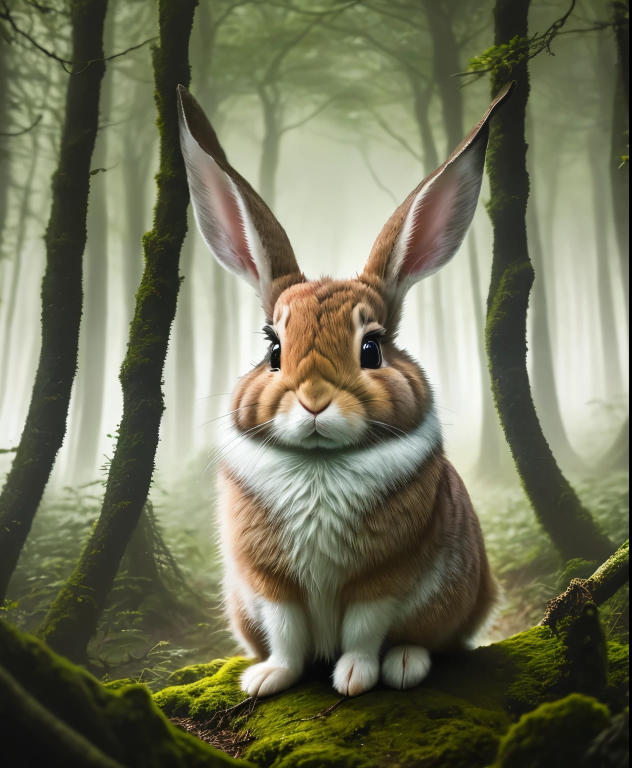 Close-up photo of rabbit in magical forest,  in the forest,  , volumetric fog, Hello, bloom, dramatic atmosphere, center, Rule of thirds, 200mm 1.4f macro photography
