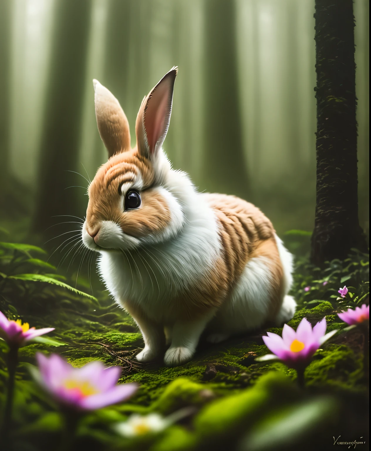 Close-up photo of rabbit in magical forest, in the forest, , volumetric fog, Hello, bloom, dramatic atmosphere, center, Rule of thirds, 200mm 1.4f macro photography