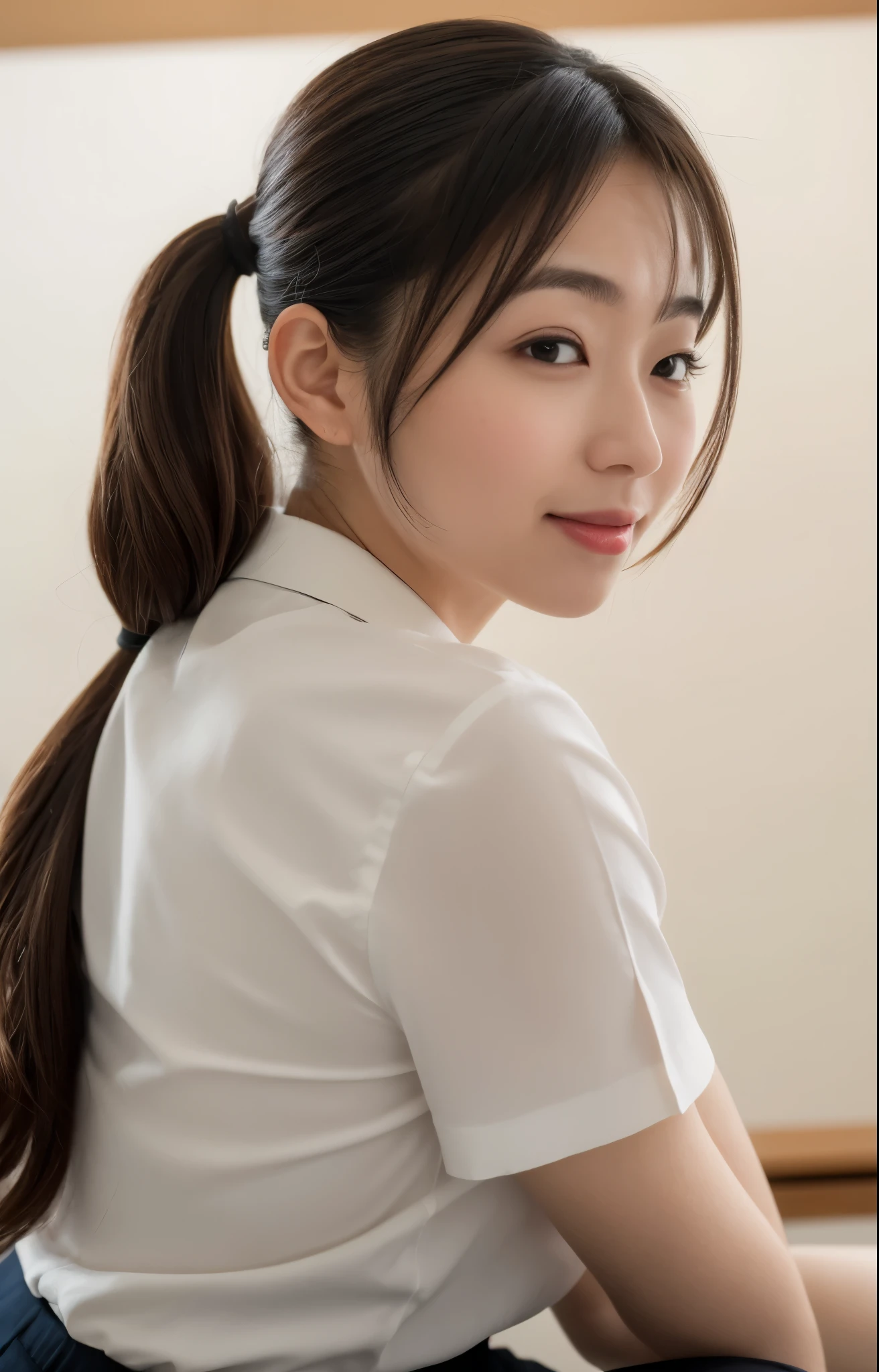 (Best quality, 8k, 32k, Masterpiece, UHD:1.2), from behind, 1 walking girl, beautiy Japanese office lady, (smile:0.5), (looking at the the viewer), 30 years old, bit chubby, white shirt, black skirt, office room, desk, detailed beautiful face, pony-tail hair, from below,