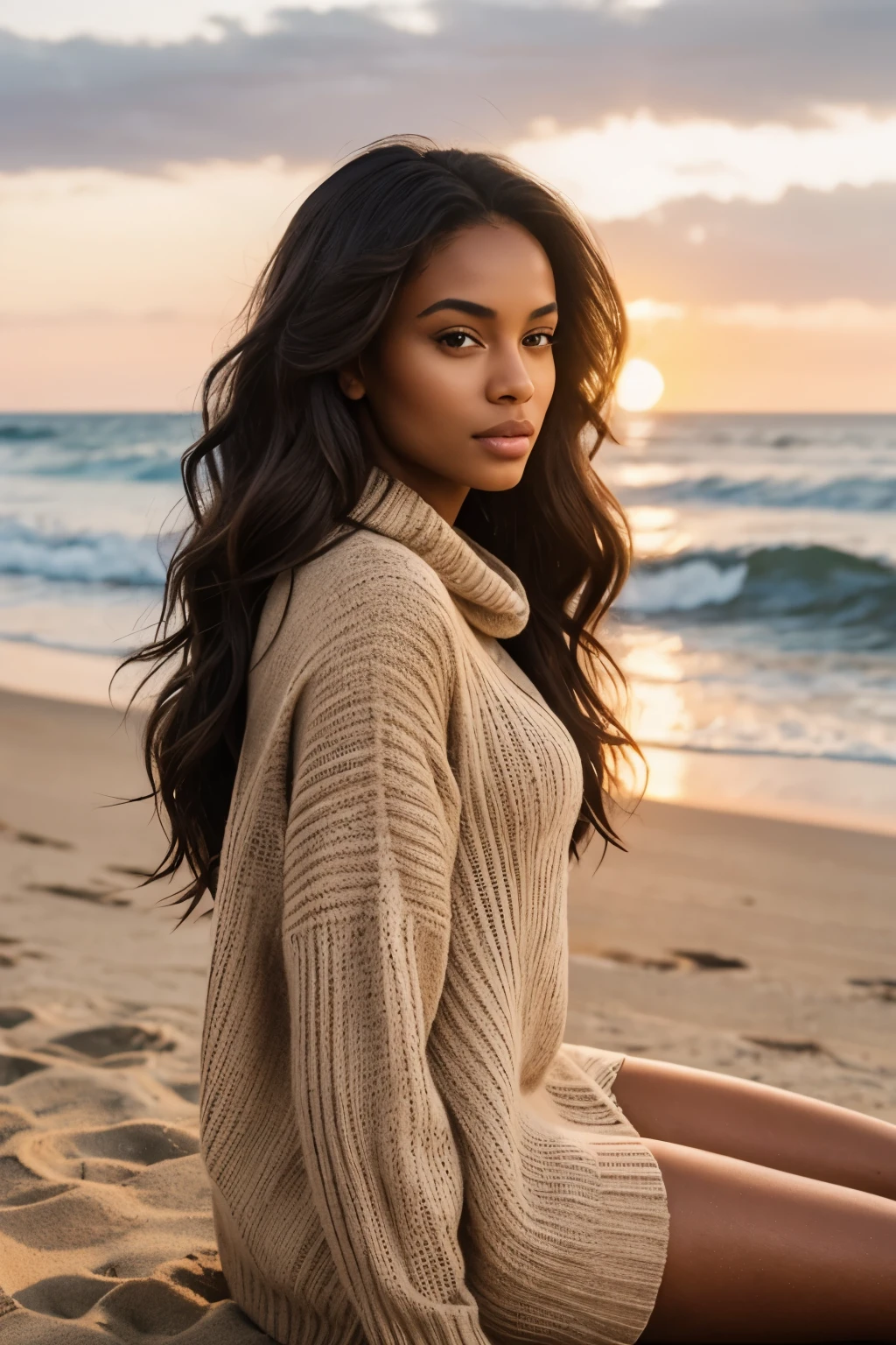arafed, light skin black instagram supermodel, perfect face, sitting on beach with cozy beige wide knit sweater beach cover up, sunset, perfect face, light brown skin, very skinny, long beach wavy hair, thin body