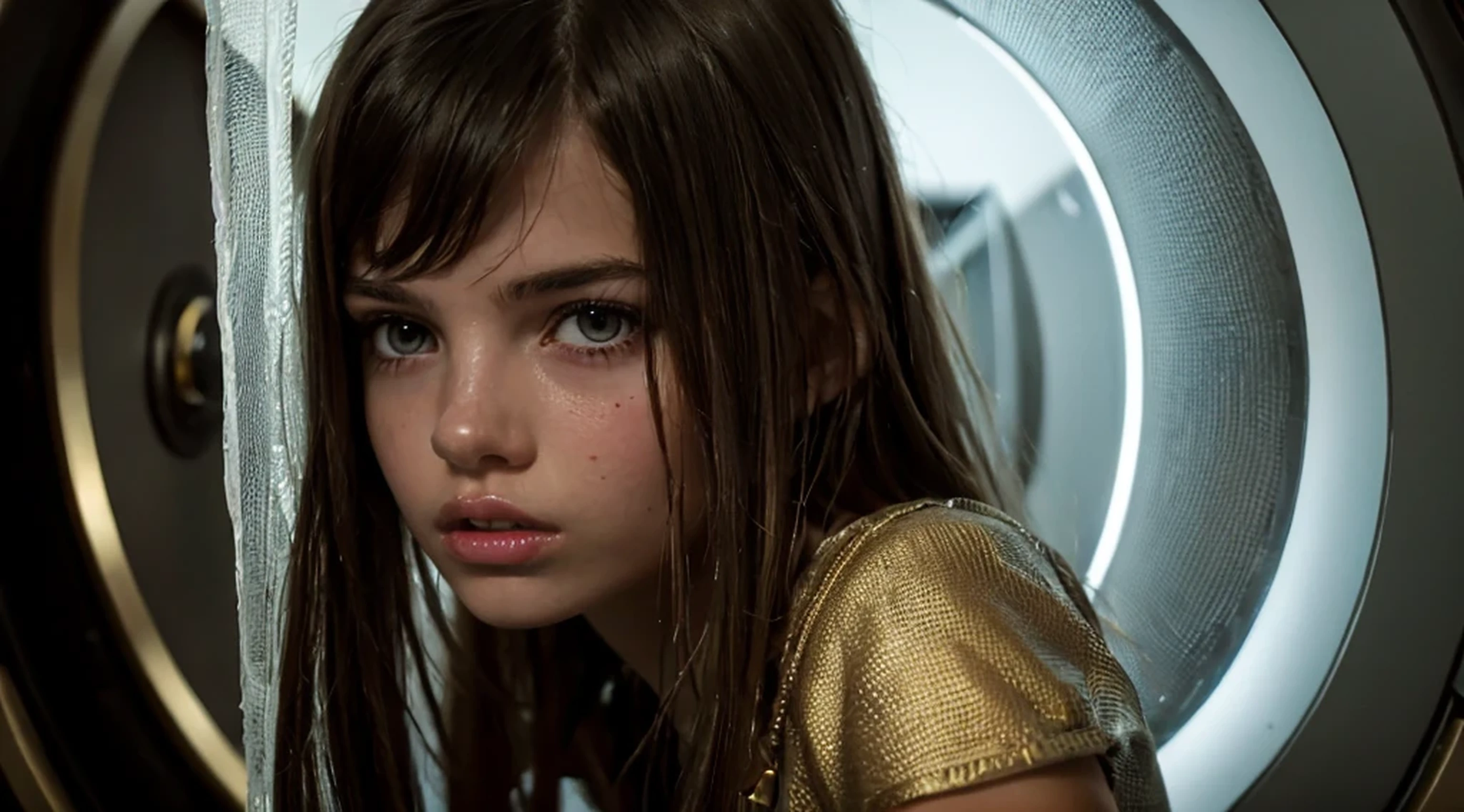 A young white European girl wearing a black crop top and gold short skirt.  She is inside a submarine.  professionally color graded, professional photography, well drawn, masterpiece, hyper realistic, ultra detailed, high quality, best quality, 4k, 8k, hi resolution, very young girl, young face, cute, beautiful, athletic. photorealistic,