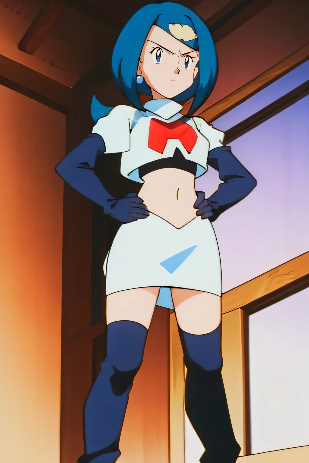 lanamother, long hair, blue hair, white pupils, hair ornament, ,earrings, glossy lipsmasterpiece, best quality, highres,team rocket uniform, red letter r, white skirt, white crop top, black thigh-high boots, black elbow gloves, glaring angrily, looking down at viewer, hands on hips, full body seen, zettai ryouiki