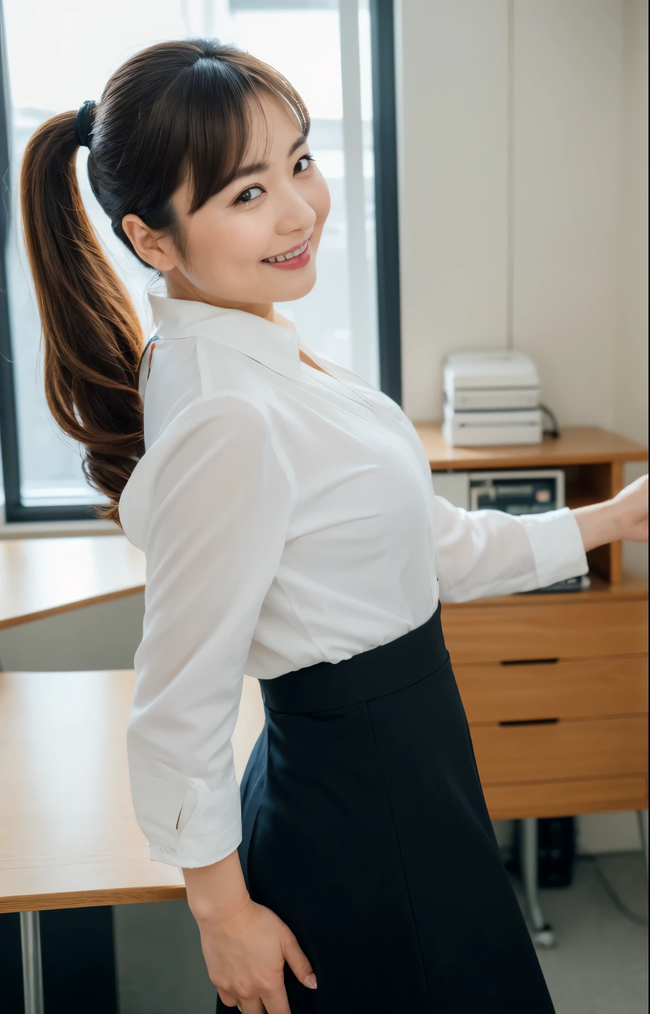 (Best quality, 8k, 32k, Masterpiece, UHD:1.2), from behind, 1 walking girl, beautiy Japanese office lady, (smile:0.5), (looking at the the viewer), 30 years old, bit chubby, white shirt, black skirt, office room, desk, detailed beautiful face, pony-tail hair, from below,