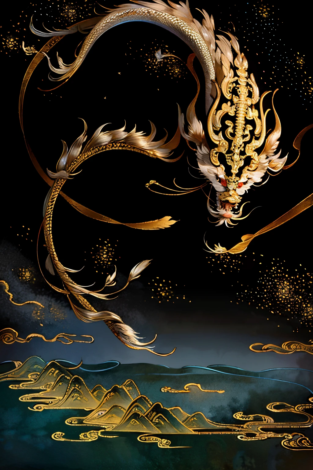 Traditional Chinese dragon, paper-cut style, gracefully soaring in the sky, over looking a miniature city landscape, vast and intricate, large scene, masterfully captured with a high-definition wide-angle lens.