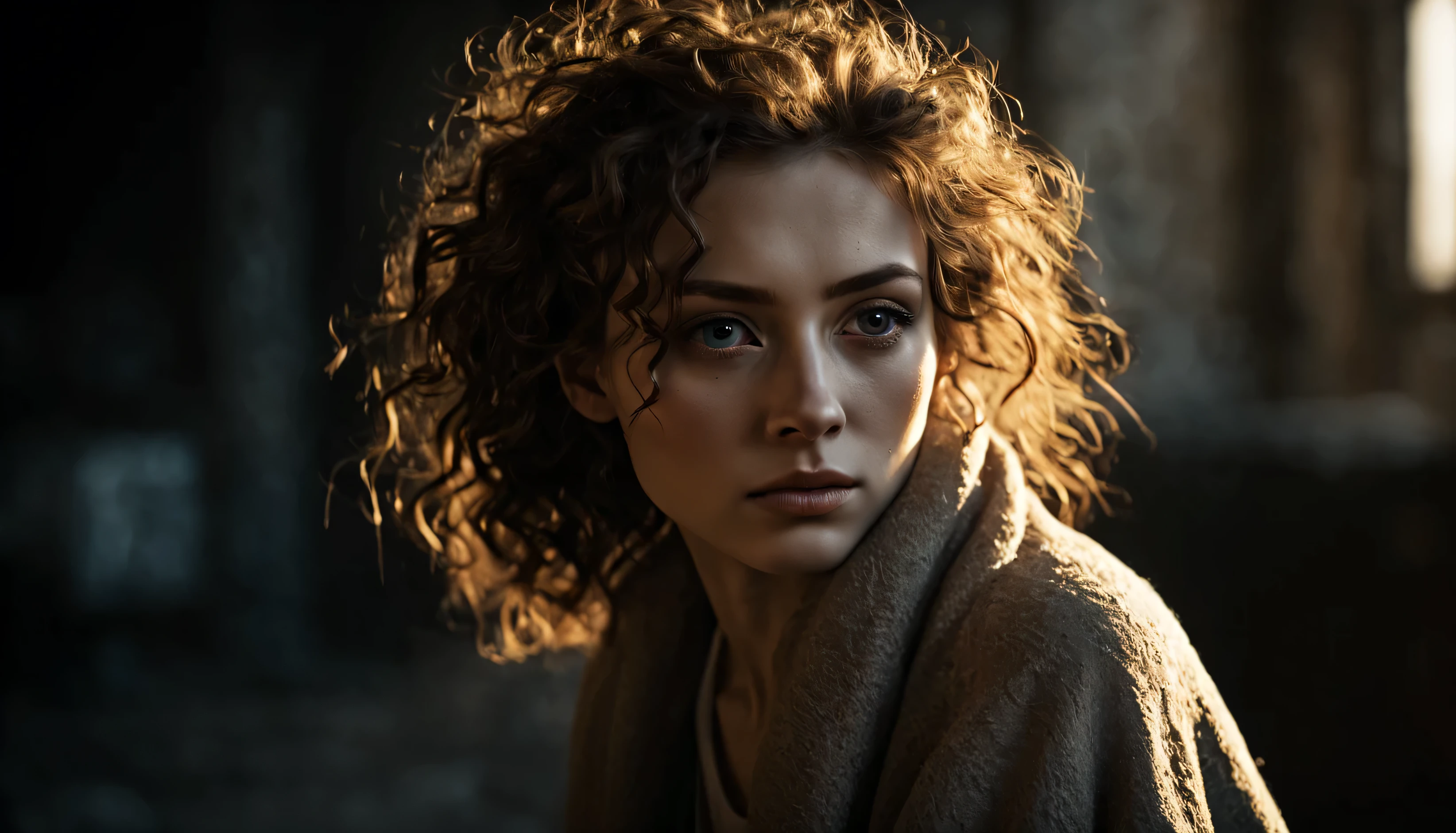 In the midst of a busy day, in the golden hour light, the young female finds a moment of peace in of a rusty decayed city under a blanket of broken dust, deep shadows, high quality, high resolution, cinematic, dark, vapor, abandoned, conceptual hyper-aesthetic dramatic ambience. Her curly hair frames her face, drawing attention to her striking gray eyes. Her pale skin, with its intricate texture, adds depth and character to her aesthetic. As she savors the moment, she radiates a quiet confidence and contentment. 16k, extreme detail, fine textures, ((dark shadows)), dark, sharp lines, ((time the revelatory)), vivid colors. beautiful. revealing. masterpiece. vibrant. (back lighting). (void:1.2). (perspective:1.3). (wind:1.1). (tang:1.1). (time:1.4). (decay:1.3). (fog:1.1). (ruin:1.1) Shot on a Hasselblad high format camera with a 100mm lens, this portrait is a stunning example of visual storytelling, this cinematic image captures the model's effortless beauty and the grandeur of the city below. (35mm, F/2.8) Photo Focus, DOF, Aperture, and hyper-maximalist rendering bring this scene to life in stunning detail. This image captures every nuance of her expression, from the subtle creases in her skin to the way her hair falls around her face. It's a stunningly realistic and visually descriptive piece. The composition is expertly crafted, with global illumination adding a sense of depth and dimension.