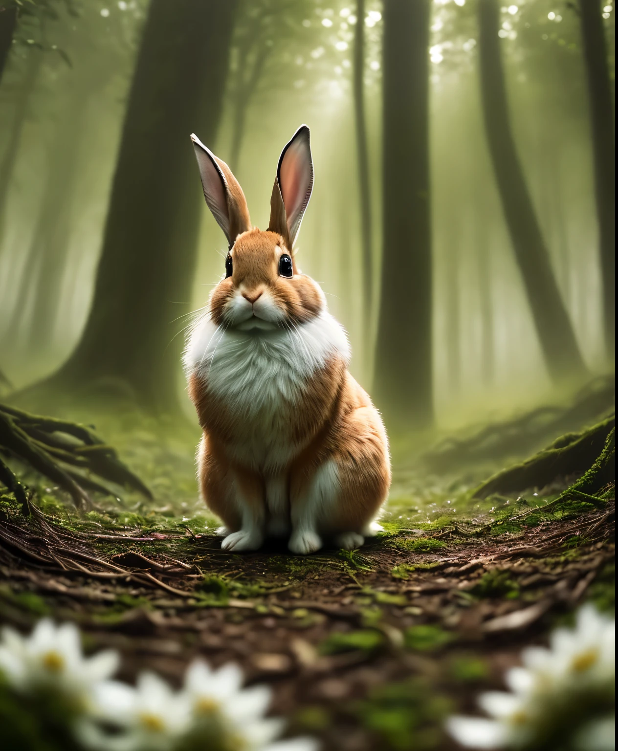 Close-up photo of rabbit in magical forest,  in the forest,  , volumetric fog, Hello, bloom, dramatic atmosphere, center, Rule of thirds, 200mm 1.4f macro photography