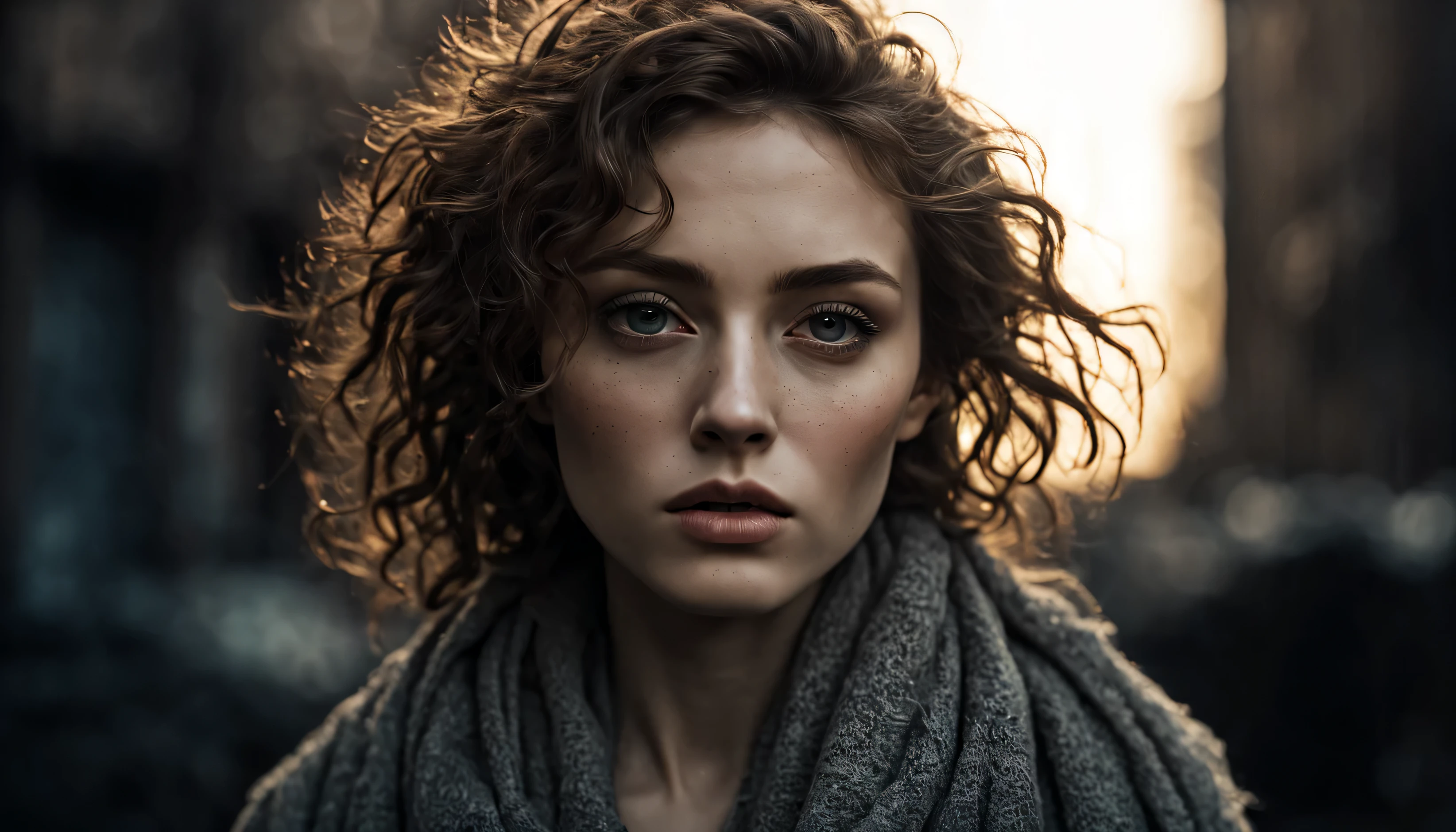 In the midst of a busy day, in the golden hour light, the young female finds a moment of peace in of a rusty decayed city under a blanket of broken dust, deep shadows, high quality, high resolution, cinematic, dark, vapor, abandoned, conceptual hyper-aesthetic dramatic ambience. Her curly hair frames her face, drawing attention to her striking gray eyes. Her pale skin, with its intricate texture, adds depth and character to her aesthetic. As she savors the moment, she radiates a quiet confidence and contentment. 16k, extreme detail, fine textures, ((dark shadows)), dark, sharp lines, ((time the revelatory)), vivid colors. beautiful. revealing. masterpiece. vibrant. (back lighting). (void:1.2). (perspective:1.3). (wind:1.1). (tang:1.1). (time:1.4). (decay:1.3). (fog:1.1). (ruin:1.1) Shot on a Hasselblad high format camera with a 100mm lens, this portrait is a stunning example of visual storytelling, this cinematic image captures the model's effortless beauty and the grandeur of the city below. (35mm, F/2.8) Photo Focus, DOF, Aperture, and hyper-maximalist rendering bring this scene to life in stunning detail. This image captures every nuance of her expression, from the subtle creases in her skin to the way her hair falls around her face. It's a stunningly realistic and visually descriptive piece. The composition is expertly crafted, with global illumination adding a sense of depth and dimension.