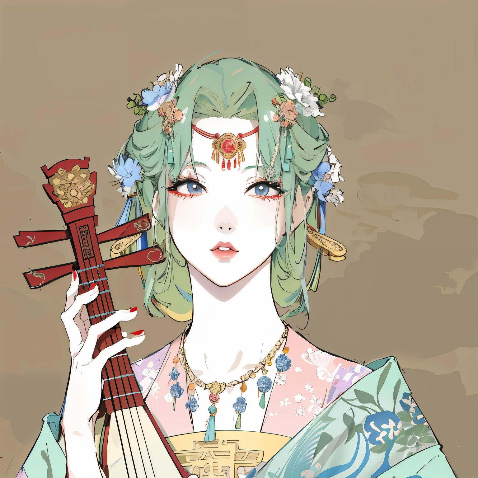 There is a woman holding a musical instrument in her hands, Korean Art Nouveau Animation, palace ， A girl wearing Hanfu, Chinese art style, is playing a lute, anime art nouveau, Ukiyo-e art style, holding a pipa, chinese princess, art nouveau beauty, venetian era girl, china goddess