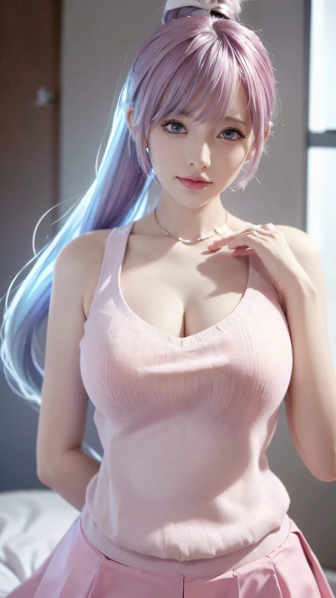 Close-up of a woman wearing a pink vest and skirt, pale milky porcelain skin, fair skin, skin smooth and translucent, anime manga girl, beautiful anime woman, surreal sweetness, white color hair , high ponytail colorful eyes, pale porcelain white skin, smooth and realistic perfect body, anime manga girl, realistic shadow perfect body, Guwitz masterpiece