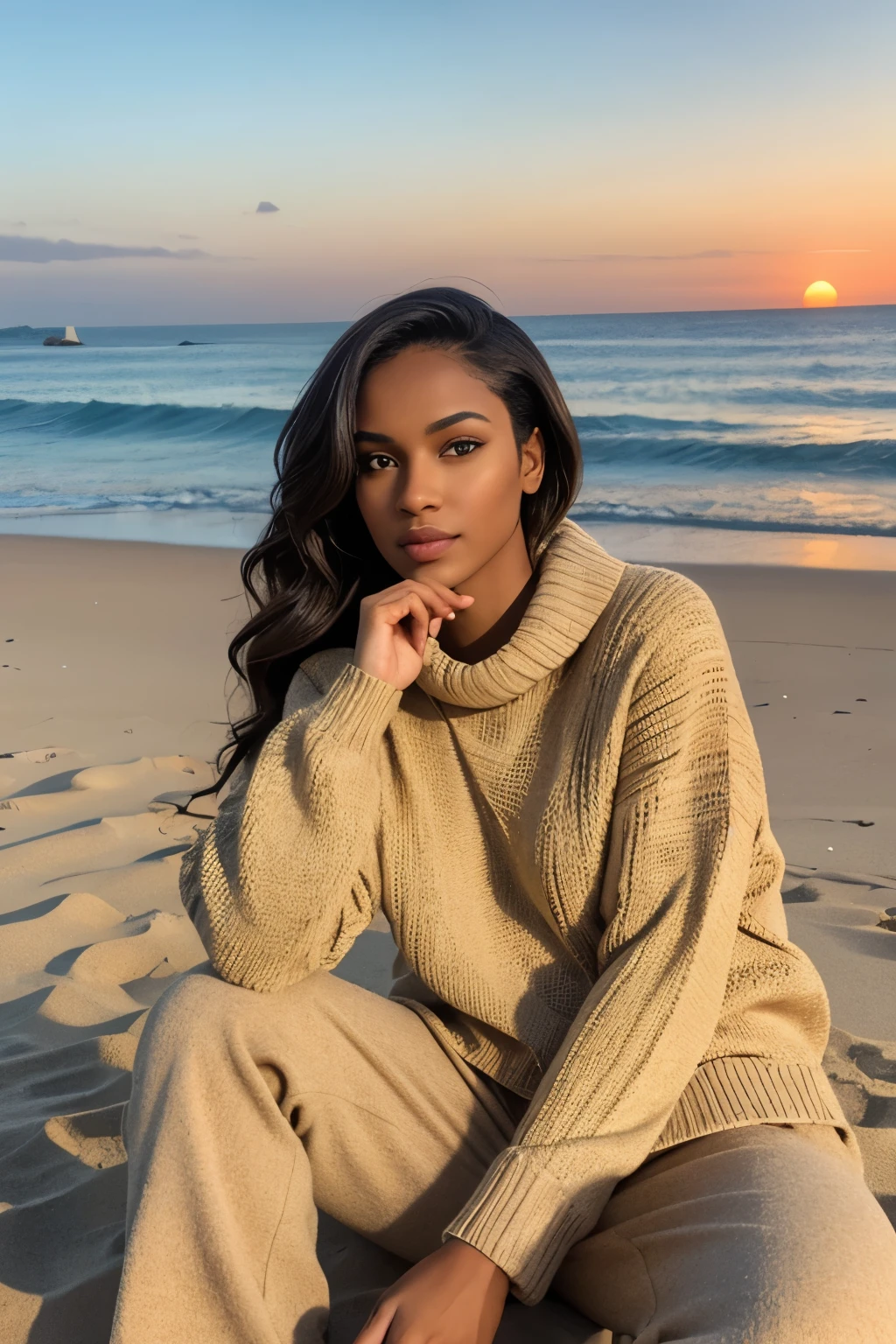 arafed, light skin black instagram supermodel, perfect face, sitting on beach with cozy beige wide knit sweater beach cover up with matching pants , sunset, perfect face, light brown skin, very skinny, long beach wavy hair, thin body