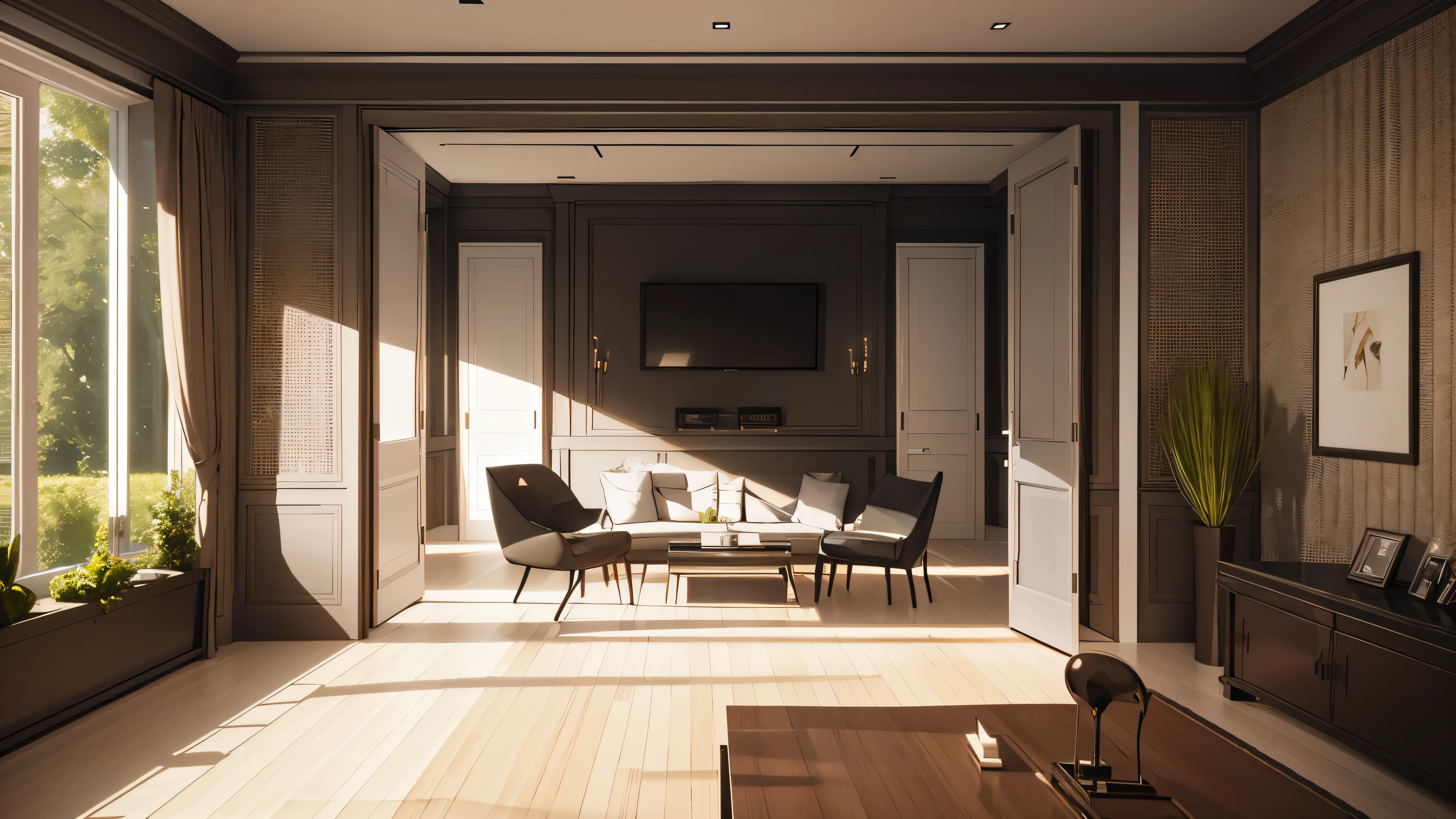 You are a famous interior designer、You have been asked to create a 3D image of a modern large room. Create a harmonious environment with modern and minimalist furniture. Including garden interior.