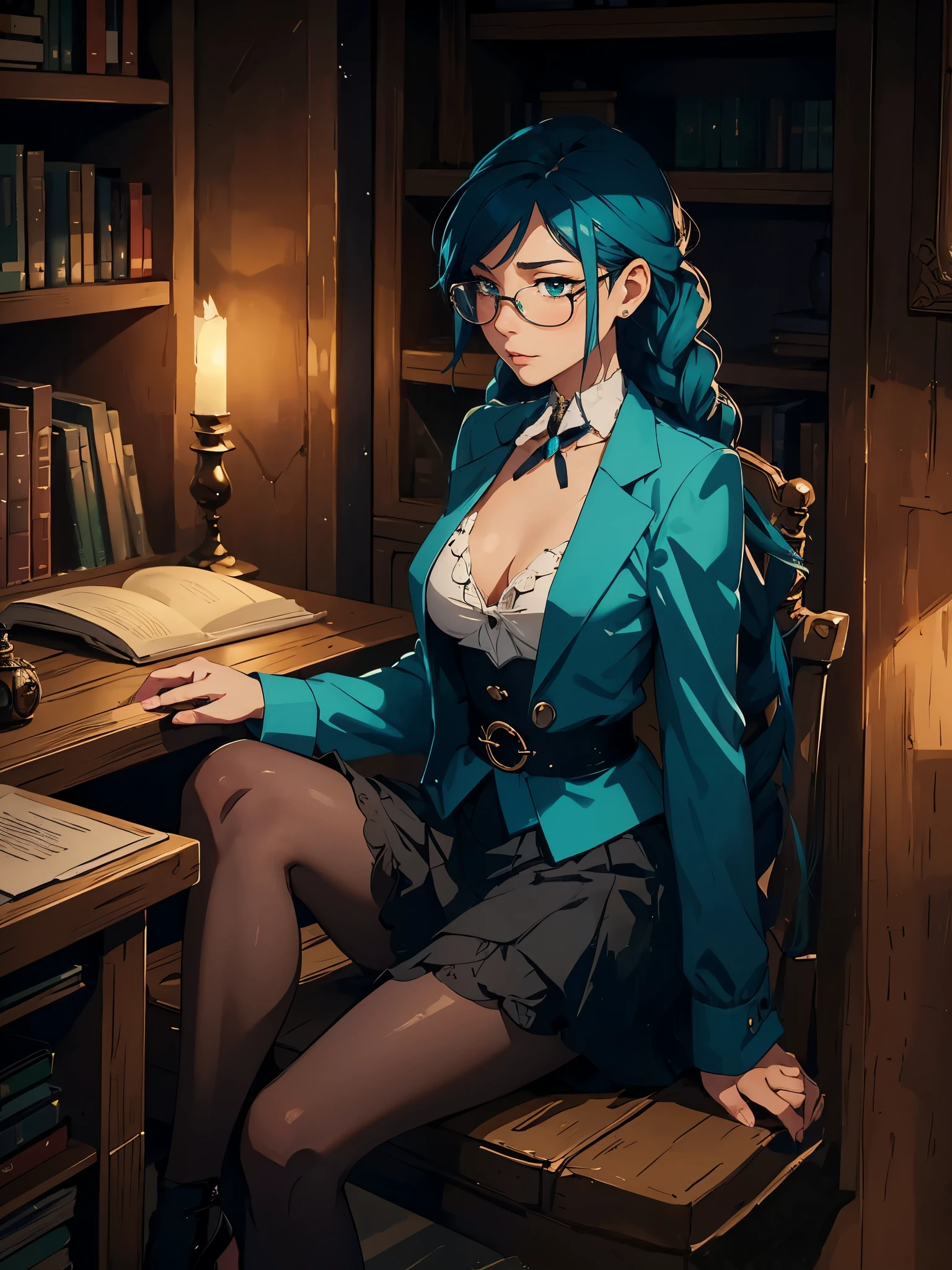 Masterpiece, best quality, 1_woman, full body, (exotic skin_complexion), mature, looking away from viewer, ((sitting)), teal hair, long double hair braids, bright teal hair, diamond shaped eyes, glasses, large_bust, chest window, cleavage, dark blue (Victorian blazer), white halter top blouse, double button breast, long dark blue (lolita skirt), silver trim, black tights, clinging to brown book, black heels, , small waist, perfect hands, table with papers and books, log cabin bedroom, candle light,