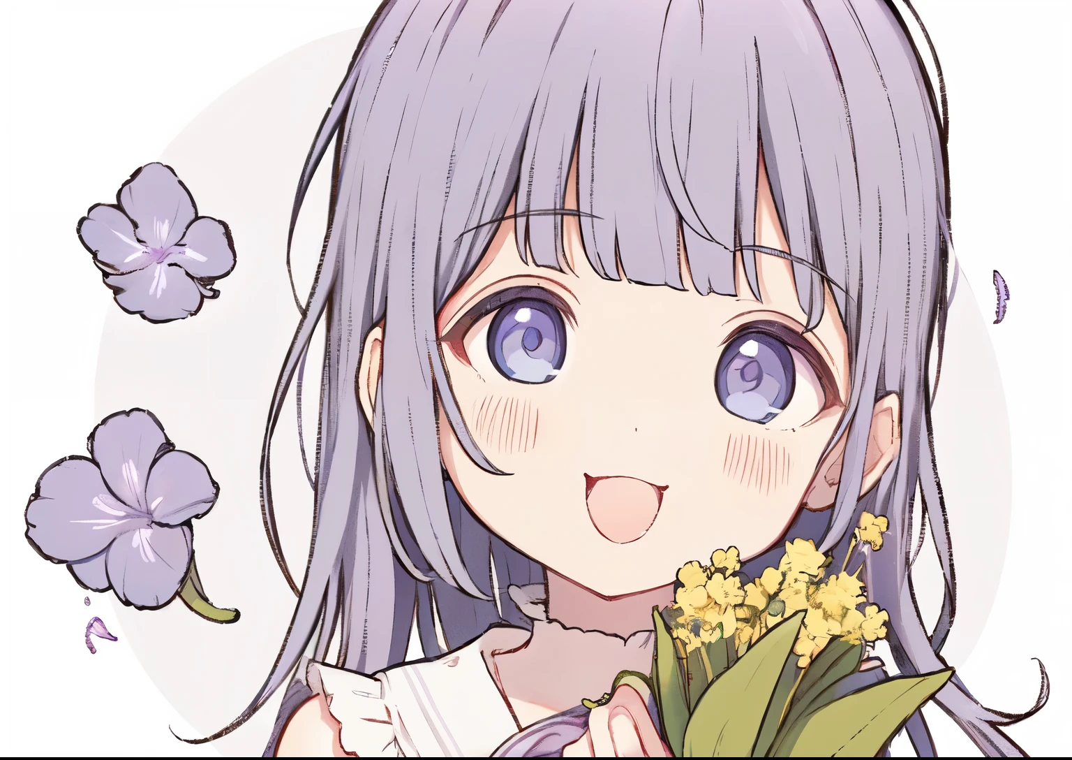 ((best quality)), ((masterpiece)), (detailed), perfect face, anime girl with purple hair holding a bouquet of lavenders, an anime drawing inspired by Yanjun Cheng, pixiv, rococo, anime visual of a cute girl, beautiful anime art style, anime aesthetic, high quality anime artstyle, guweiz, soft anime illustration, lilac, beautiful anime portrait, sakimichan, anime art style, beautiful anime style, cute dressing, cute dress, happy, laugh, laughing, girl laughing, happy girl 