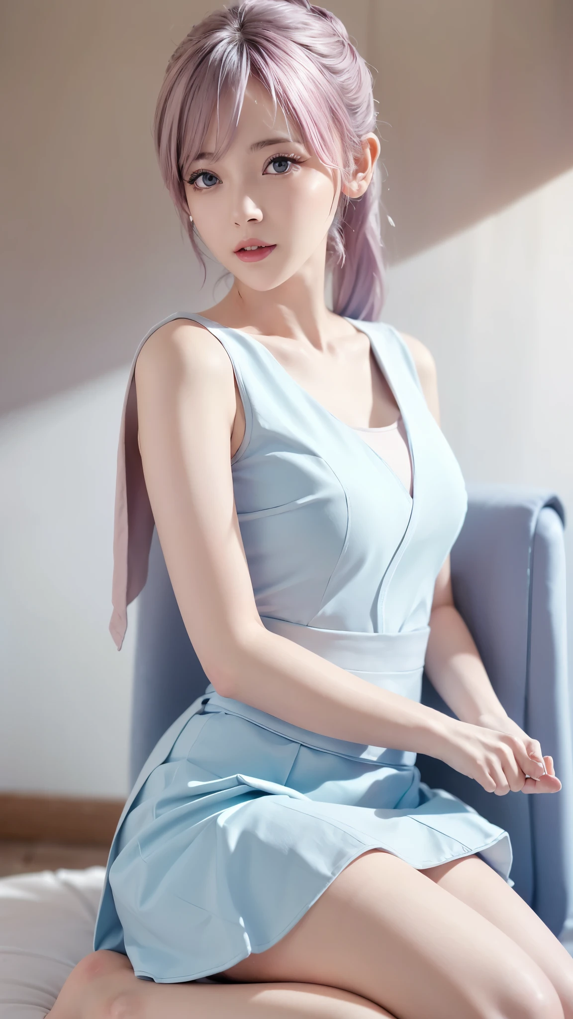 Close-up of a woman wearing a pink vest and skirt, pale milky porcelain skin, fair skin, skin smooth and translucent, anime manga girl, beautiful anime woman, surreal sweetness, white color hair , high ponytail colorful eyes, pale porcelain white skin, smooth and realistic perfect body, anime manga girl, realistic shadow perfect body, Guwitz masterpiece